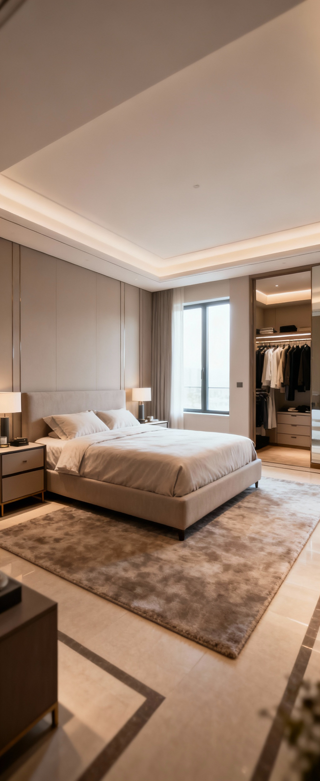 Harmonious couple's bedroom with optimized furniture arrangement creating clear, unobstructed pathways and a tranquil atmosphere. Light-filled room, elegant design.