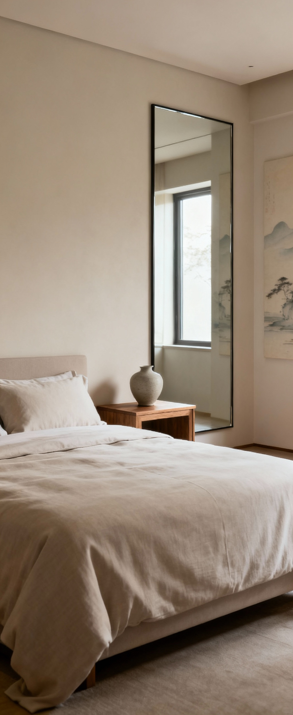 A serene and modern couple's bedroom with a large frameless mirror reflecting natural light and elegant decor, creating a spacious and bright ambiance.
