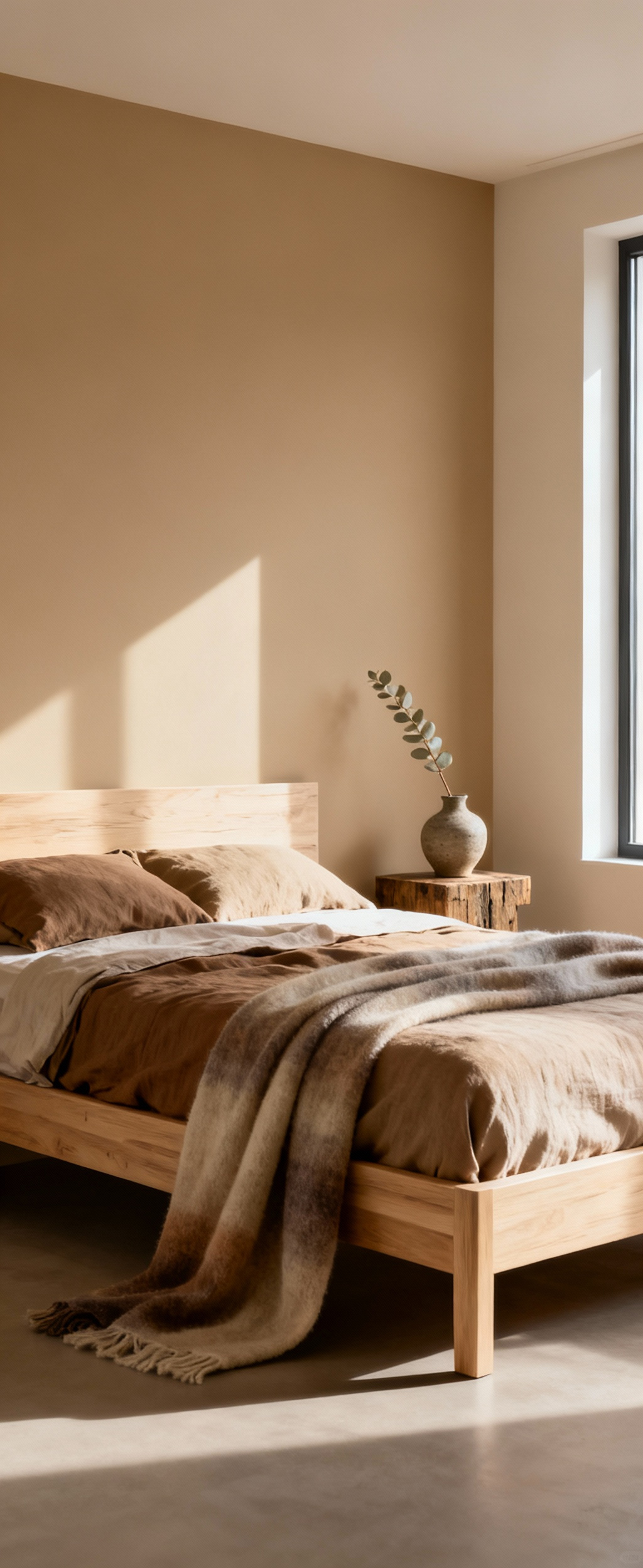 A tranquil bedroom featuring sustainable design, with an oak bed frame, organic linen bedding, and reclaimed wood side table under soft natural light, embodying ethical and biocompatible materials.