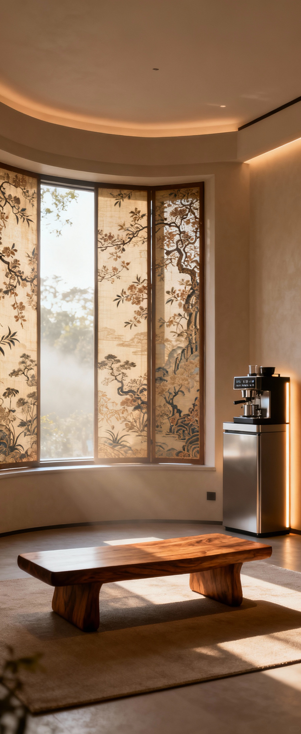 A serene, modern Asian-European fusion bay window nook featuring a teak meditation bench, Vietnamese silk panels, and a sleek European espresso station for morning rituals.