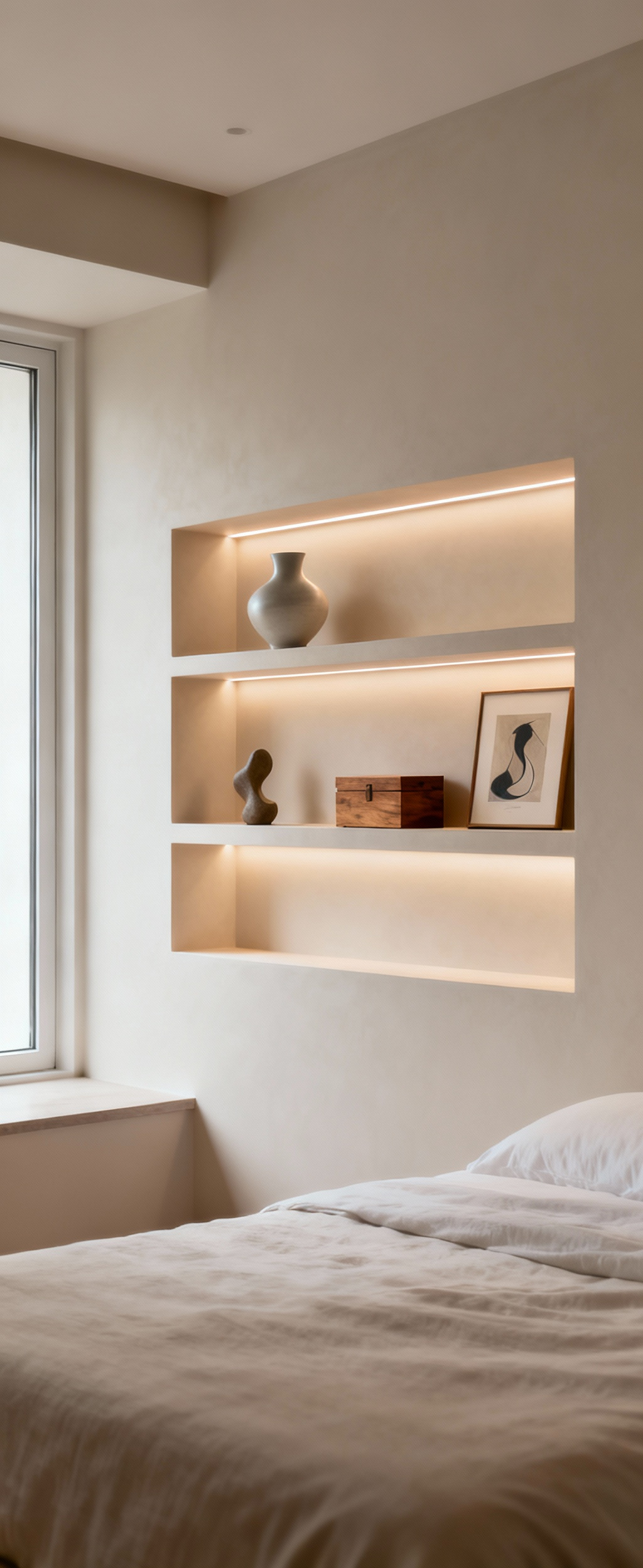 A thoughtfully arranged adaptable vignette in a modern bedroom, featuring flexible display elements on modular shelving. Diverse decorative objects like a ceramic vase, a sculptural piece, and a framed print are showcased with gentle lighting, symbolizing evolving personal expressions.