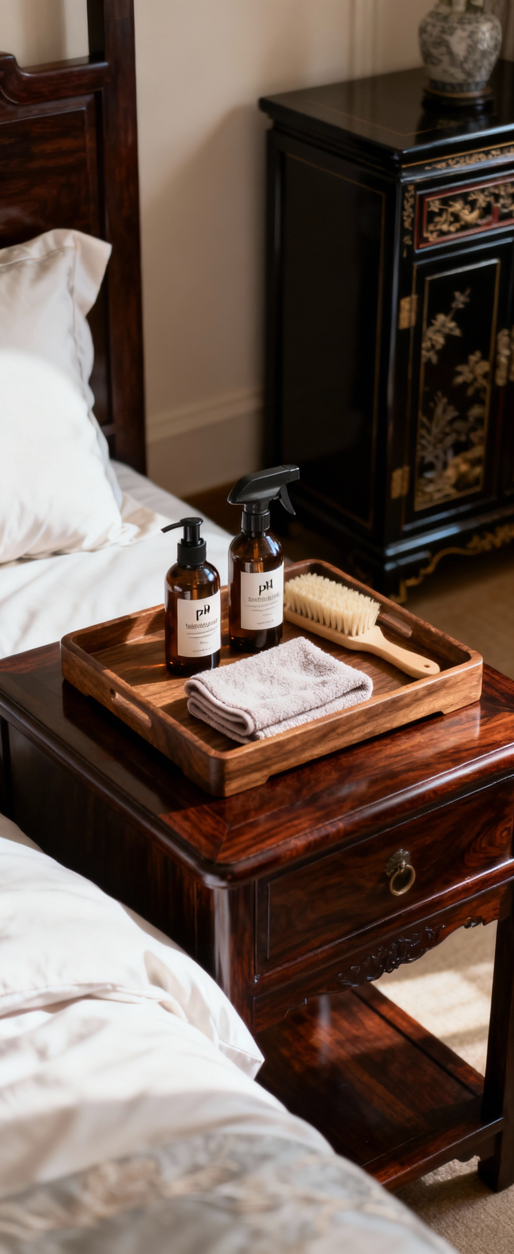 Luxurious Asian-European fusion bedroom corner with a wooden tray of elegant, specialized cleaning tools for preserving materials. Soft morning light.