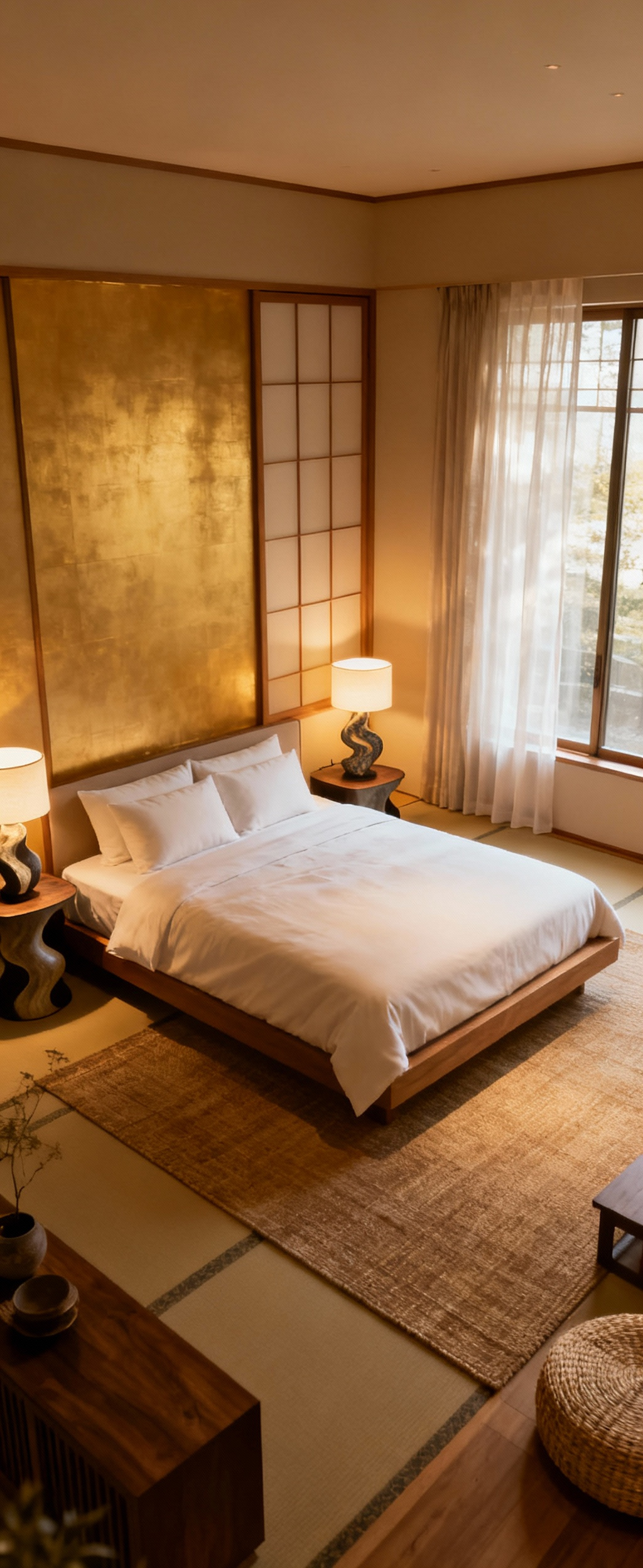 Luxurious master bedroom designed for couples, showcasing a harmonious blend of two distinct interior design styles with elegant furniture and soft natural lighting. No people are present, emphasizing a peaceful and cohesive shared space.