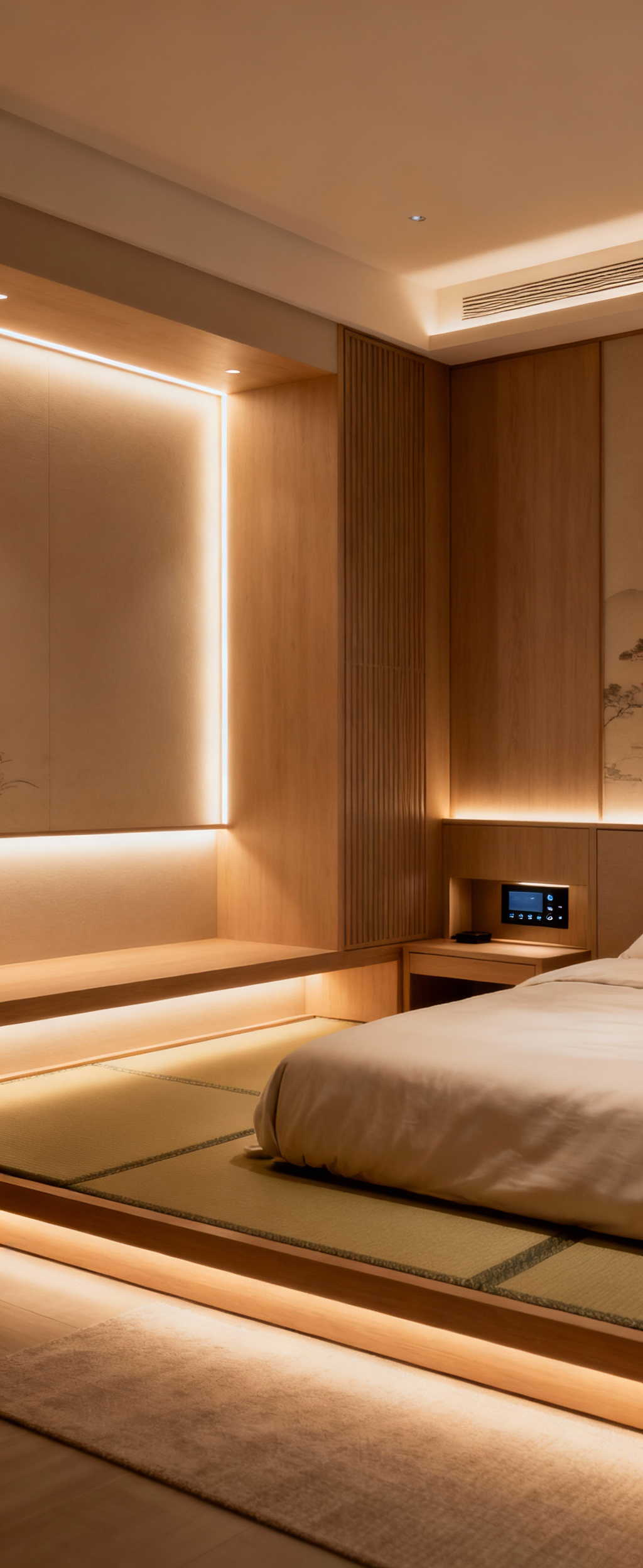Elegant smart bedroom with hidden technology, modern European and Asian fusion design, integrated lighting for comfort and tranquility, intelligent home automation.
