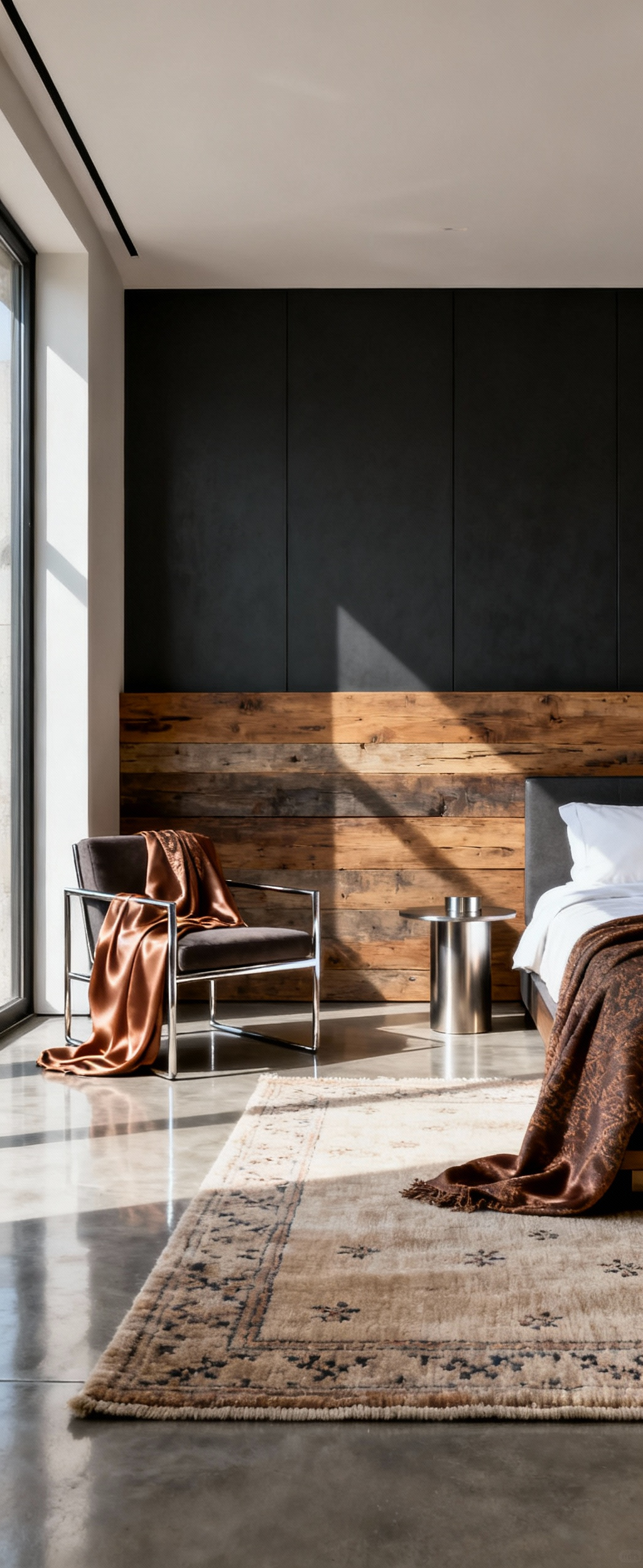 A professionally photographed modern bedroom showcasing a luxurious blend of organic textures like a wool rug and reclaimed timber headboard, juxtaposed with engineered finishes such as polished concrete floors, lacquered walls, and steel furniture, creating a harmonious and sophisticated design for a couple's retreat.