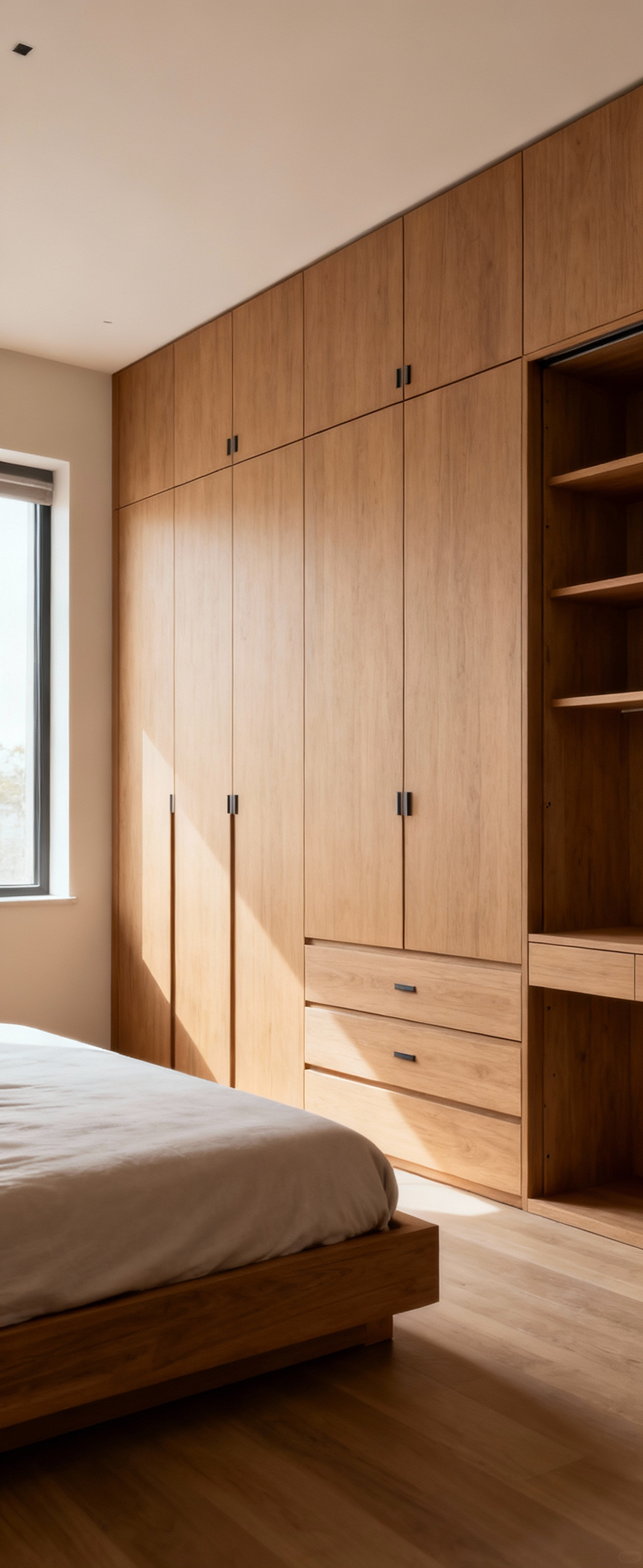 Luxurious bedroom with integrated bespoke walnut joinery, featuring seamless storage units and minimalist design for a clutter-free space.