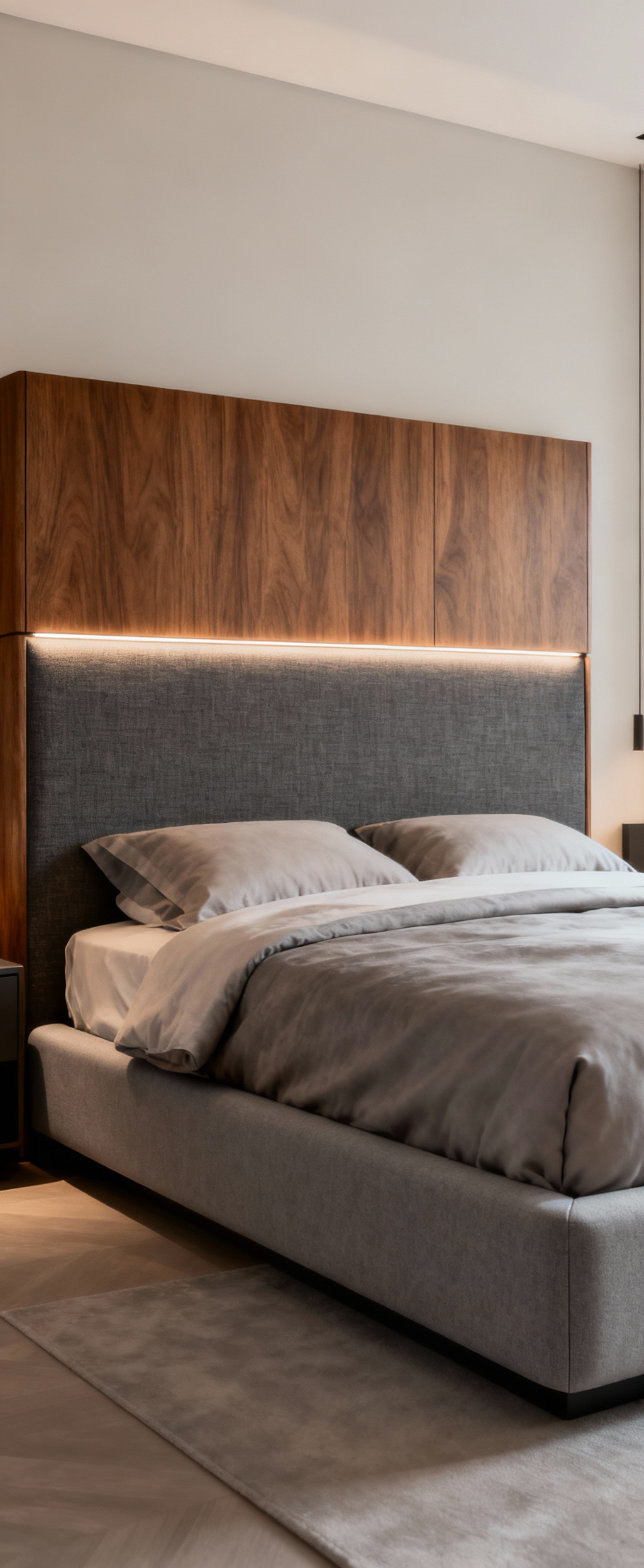 Luxurious custom headboard and bed frame in a couples' bedroom, showcasing integrated lighting, mixed materials like wood and linen, and ergonomic design for enhanced comfort.