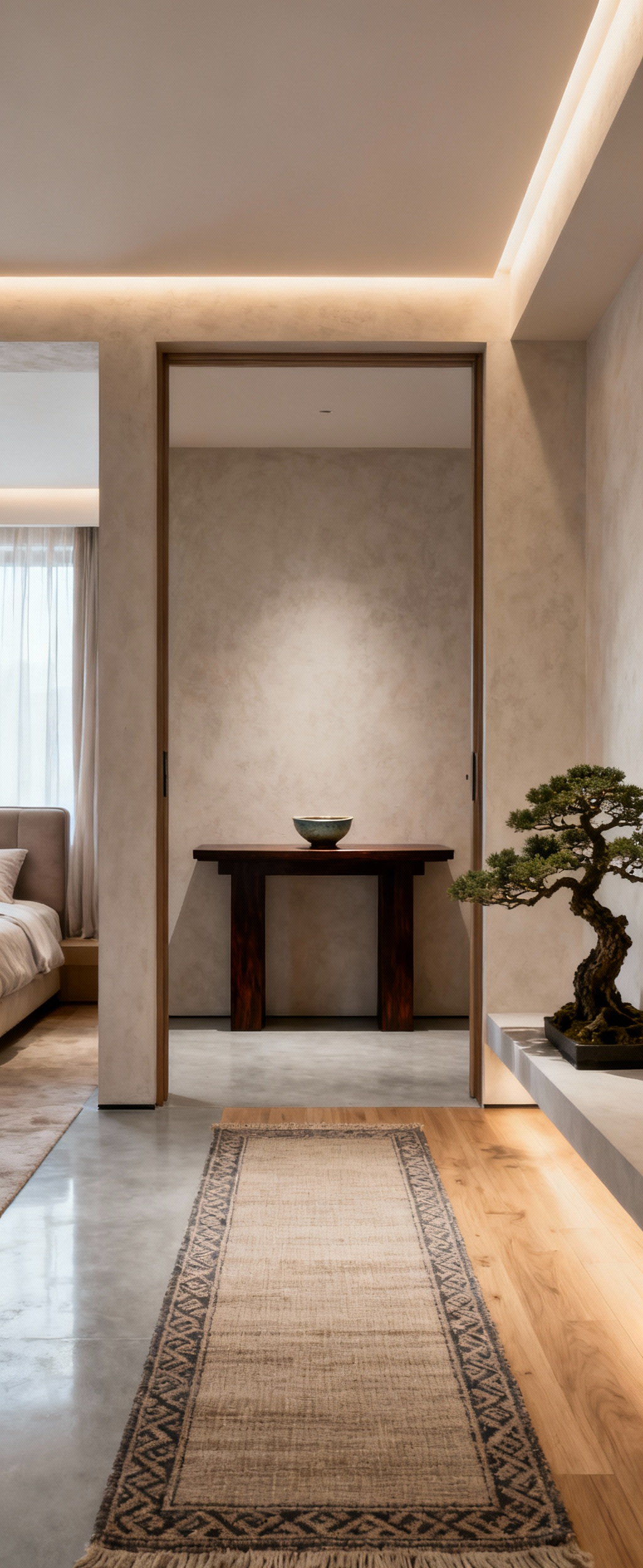 Minimalist sacred threshold entrance to a couple's bedroom with a sleek console, warm indirect lighting, a bonsai plant, and soft linen rug, blending Asian and European design.