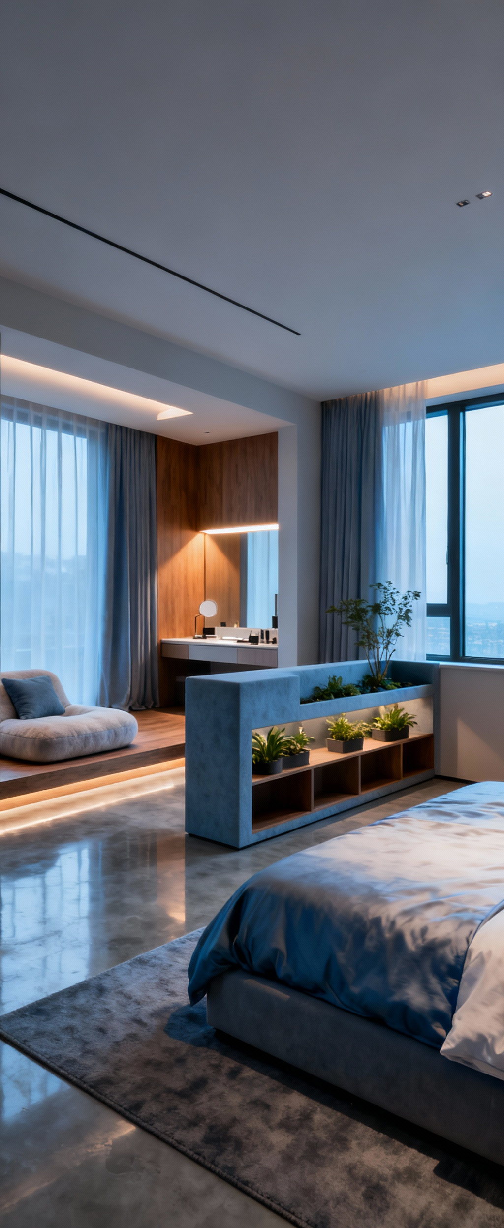 Elegant master bedroom with intelligent zonation, featuring distinct reading nook and vanity areas, separated by soft lighting and material changes, fostering personal retreats within a harmonious shared space for couples.