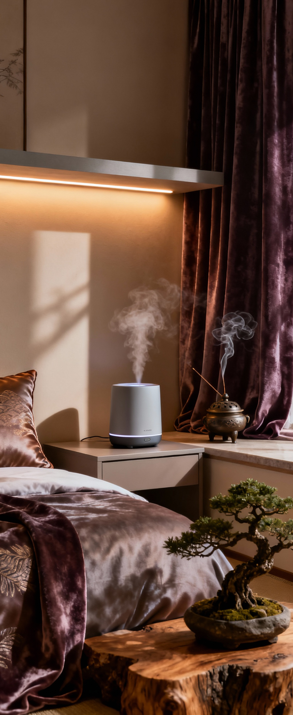Serene bedroom corner with a modern essential oil diffuser, subtle Asian incense, and layered sound-dampening textiles, blending European and Asian styles for olfactory and auditory cohesion.