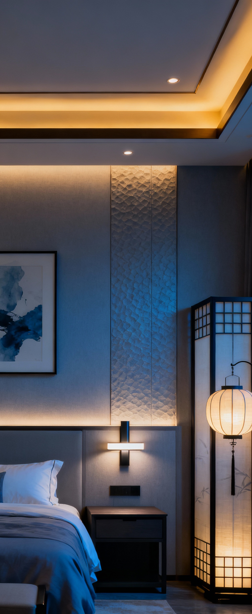 Luxurious couple's bedroom with bespoke layered lighting, intimate ambiance, and elegant minimalist design featuring European and Asian-inspired fixtures.