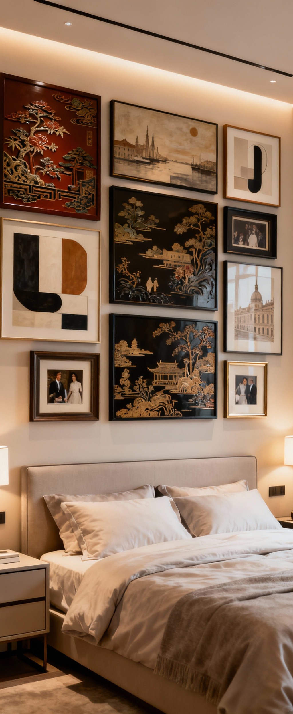 Master bedroom interior featuring a curated gallery wall displaying a mix of Asian and European art, alongside a large anchor artwork, creating a visual narrative. Elegant and serene atmosphere with soft lighting.