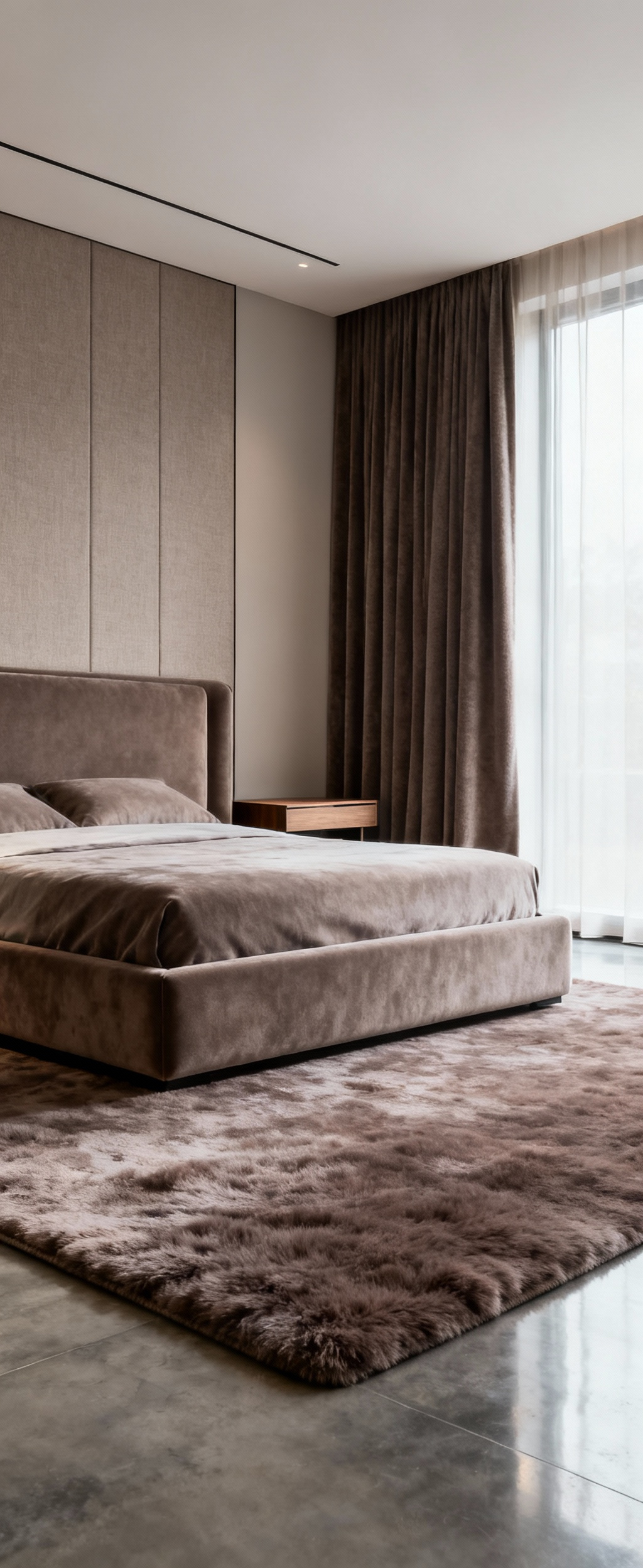 A serene master bedroom interior designed for acoustical comfort, featuring heavy drapes, a plush rug, and an upholstered headboard to absorb sound. No people.