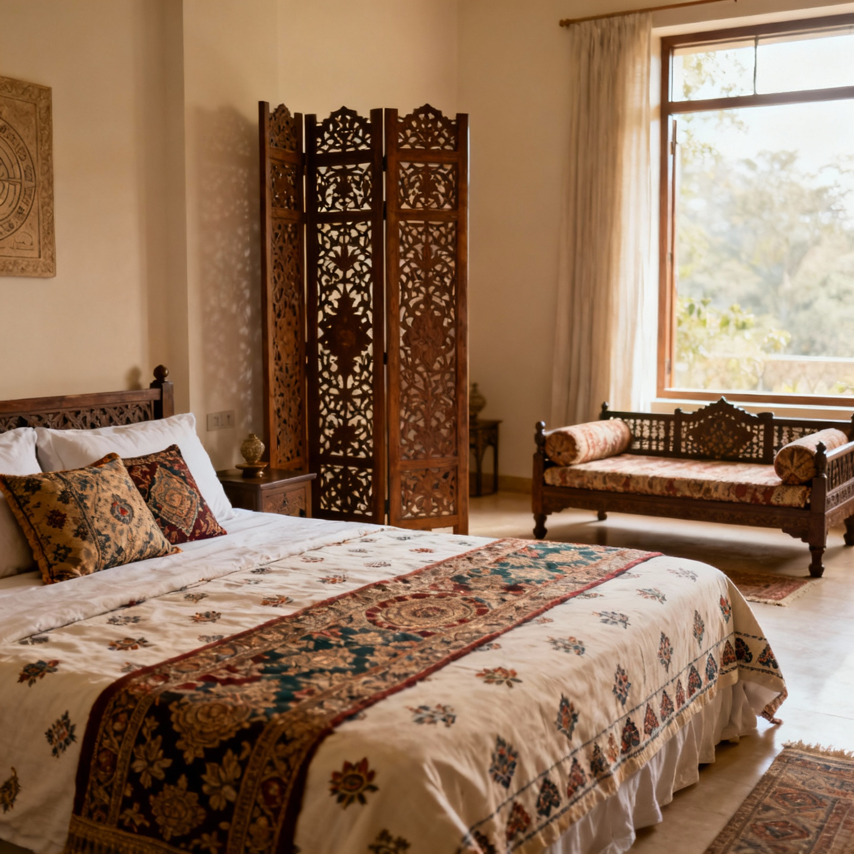 A beautifully arranged bedroom incorporating Vastu Shastra and Feng Shui, featuring authentic Indian textiles, a carved wooden screen, and a tranquil color palette, no people.