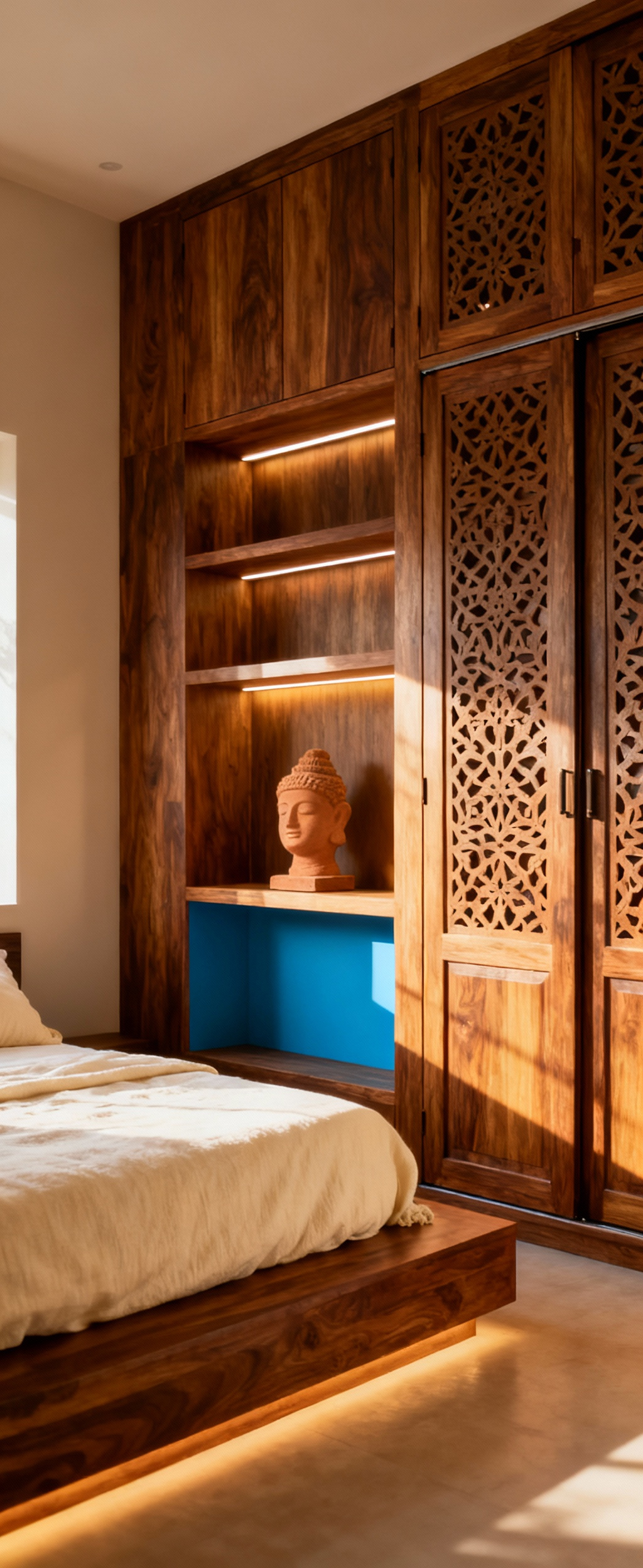 Custom millwork bedroom, integrated storage, elegant Sheesham wood, 'jali' pattern, cultural sanctuary design, ergonomic bedroom solution