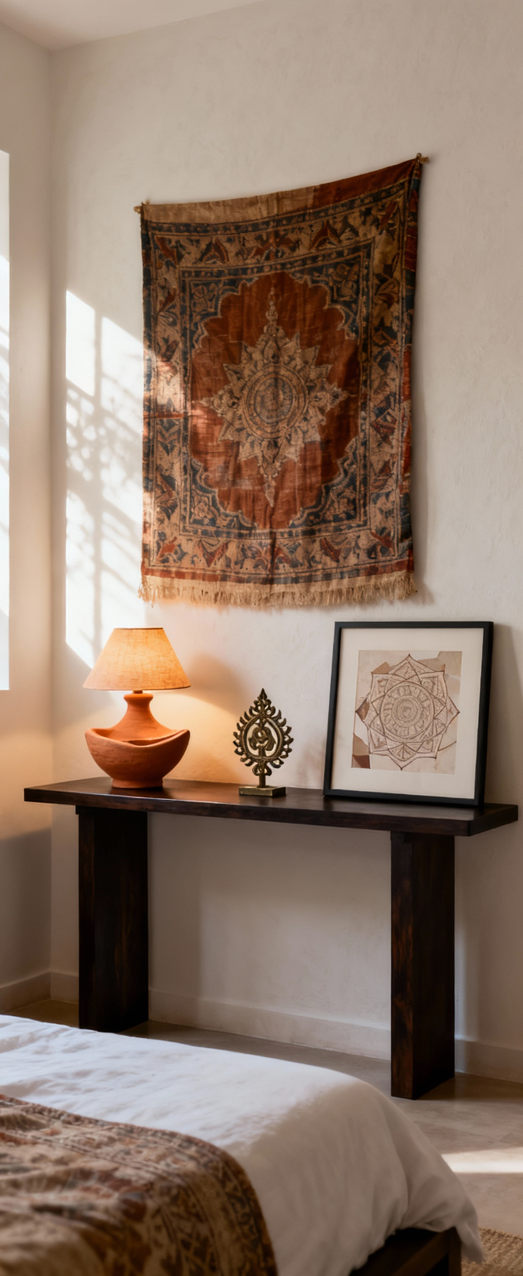 A bedroom vignette featuring a console table with a ceramic lamp, metal sculpture, and framed mandala art under a vintage Kalamkari textile, reflecting personalized cultural motifs.