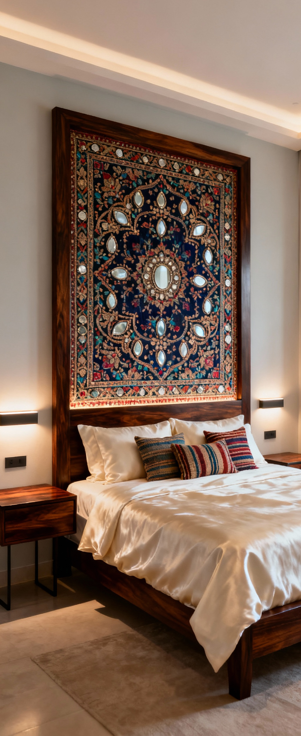 Luxurious bedroom with an oversized, hand-embroidered Kutch artisanal headboard, dark teak frame, ivory silk linens, contemporary bedside tables, and soft lighting, creating a cultural sanctuary focal point.
