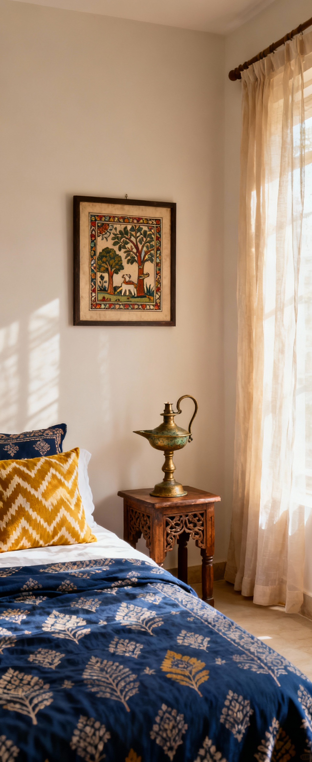 Serene bedroom corner with Indian-inspired intentional decor, featuring a hand-block printed indigo duvet, Ikat cushions, and an antique Ganesh statue, evoking personal narrative and peace.