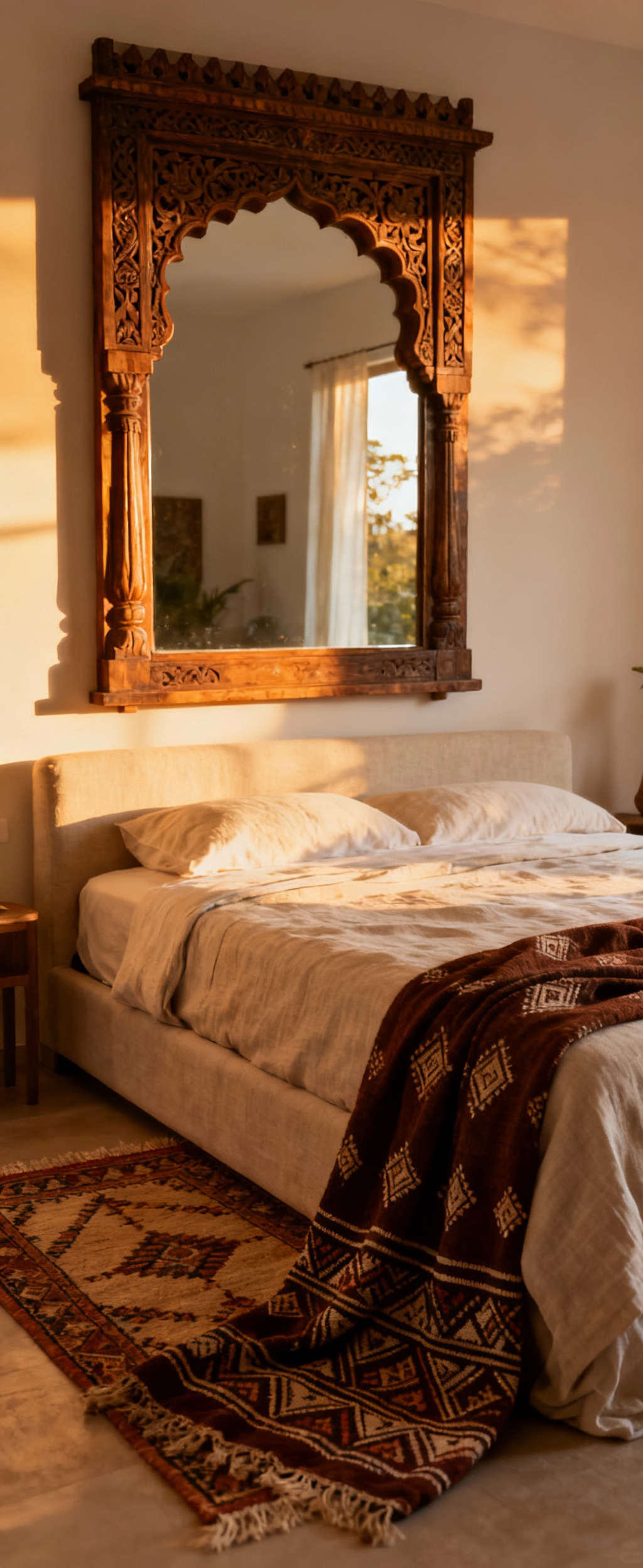 A serene bedroom with a repurposed antique hand-carved wooden jharokha mirror, linen bed, and Kutch work textile, reflecting cultural heirloom decor.