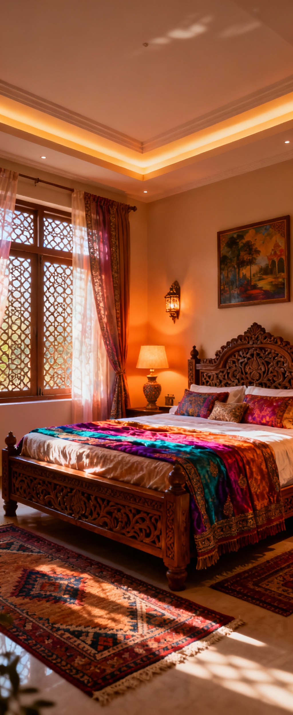 Luxurious Indian-inspired bedroom with dynamic adaptive layered illumination systems. The room features a carved wooden bed, vibrant textiles, and jali screens, transitioning from bright daylight tones to warm evening hues for circadian rhythm calibration.