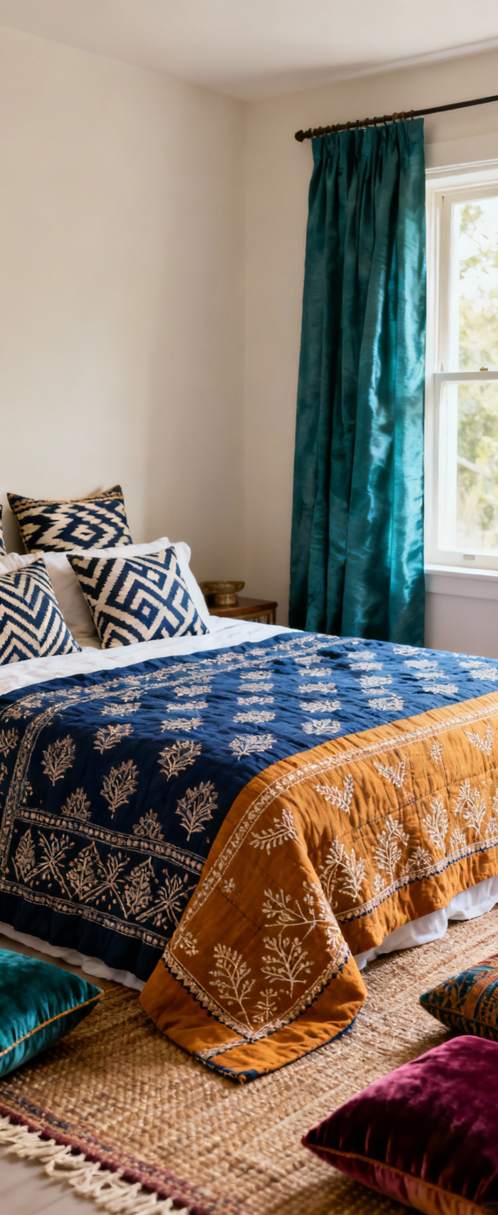 Bedroom decorated with harmonious Indian patterns and textures, featuring a block-print bedspread, layered cushions, and soft lighting for a serene cultural sanctuary.