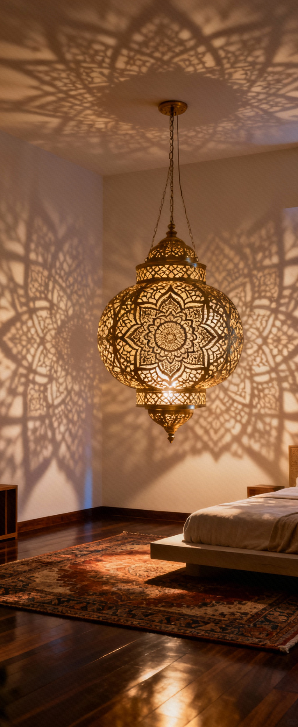 Elegant bedroom featuring a large, intricate brass pendant lamp with an Indian Mandala pattern, casting beautiful shadows as architectural lighting to define the room's serene ambience.