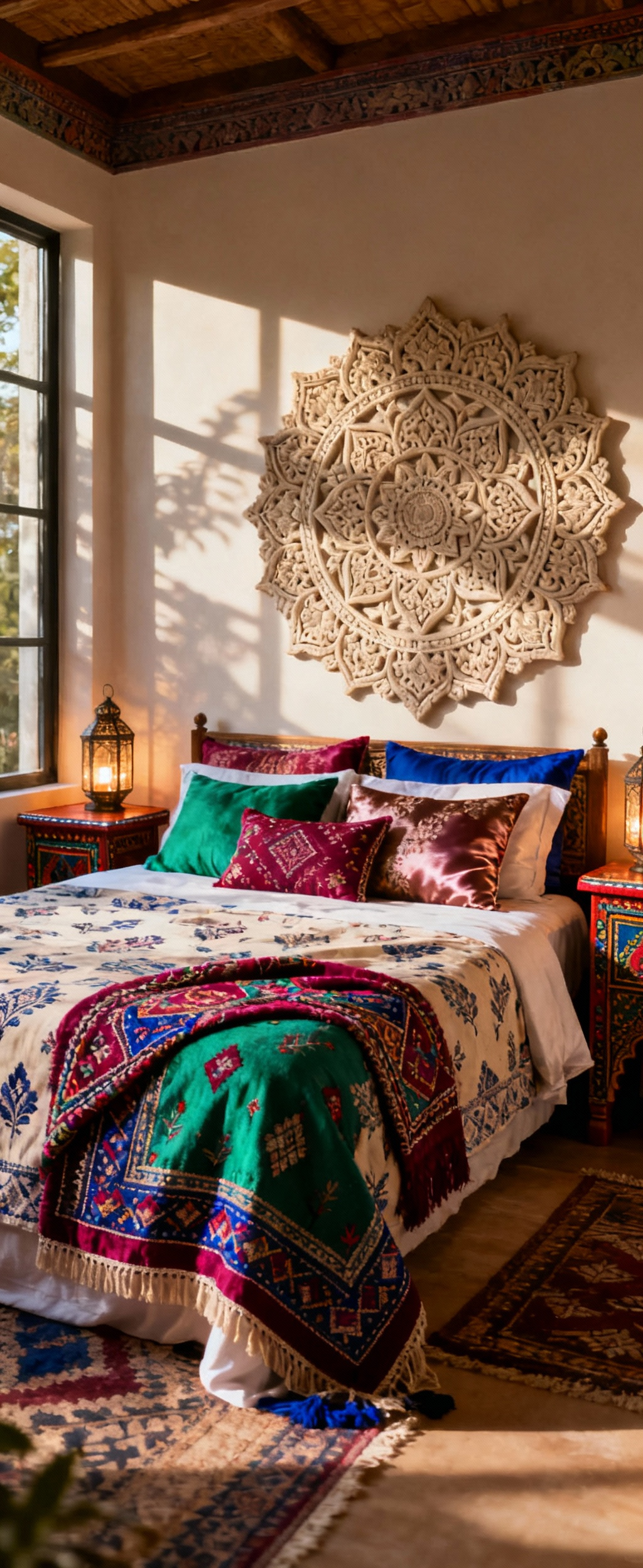 Portrait view of a vibrant Bohemian-Indian bedroom sanctuary, featuring layered textiles, a hand-carved mandala, and rich cultural artifacts under soft natural light.