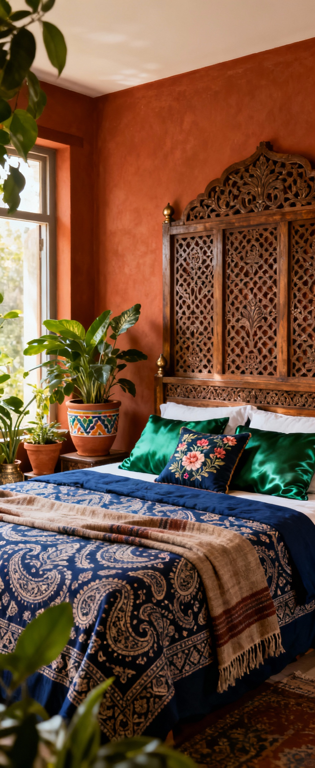 Bedroom designed with biophilic integration, featuring Indian textiles, deep greens, terracotta, lush plants, and wooden jali screens for organic harmony.