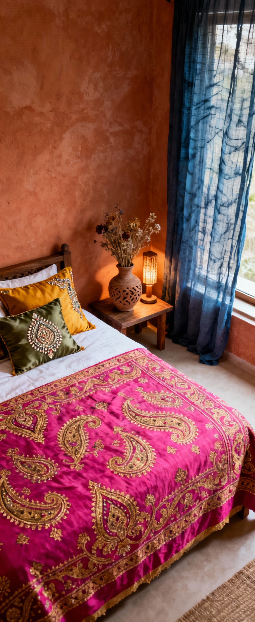 Culturally inspired Indian bedroom with a restorative chromatic palette, featuring Rajasthani cotton bedspreads, silk cushions, terracotta walls, and traditional Indian decor.