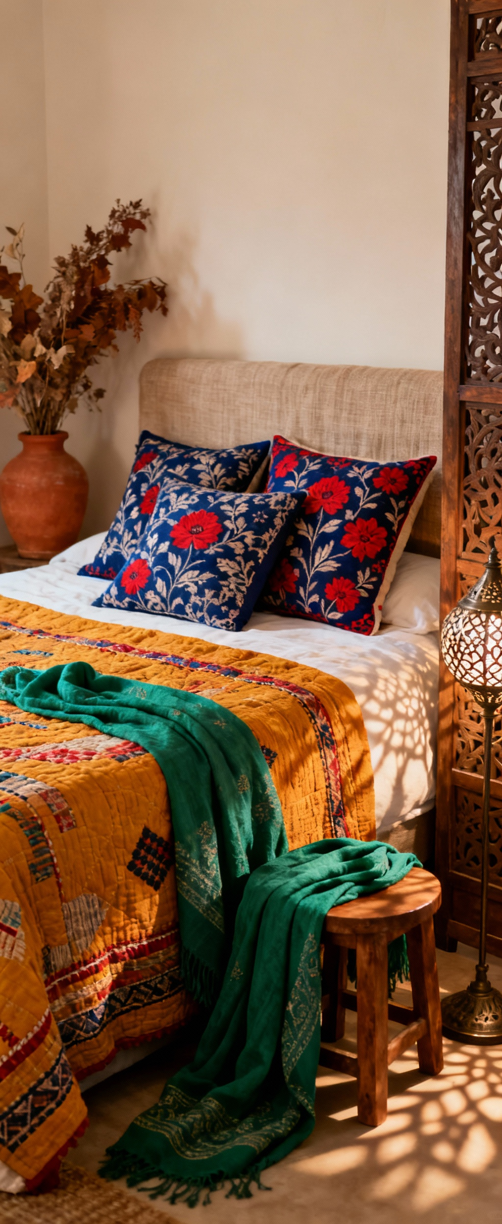 Bedroom interior design showcasing layered Indian textiles including a Kantha quilt, block-printed pillows, and a draped Pashmina, with a carved wooden screen and metal lamp creating an inviting, culturally rich Hygge space.