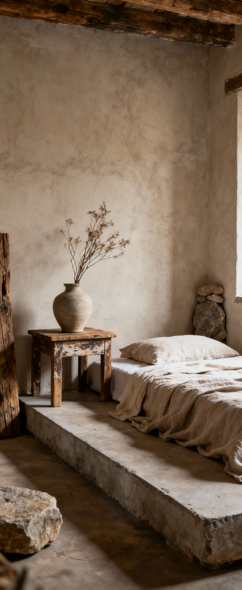 A peaceful bedroom decorated in Japanese Wabi-Sabi style, featuring natural wood furniture, textured plaster walls, linen bedding, and a simple ceramic vase, showcasing organic imperfection and a calm ambiance.