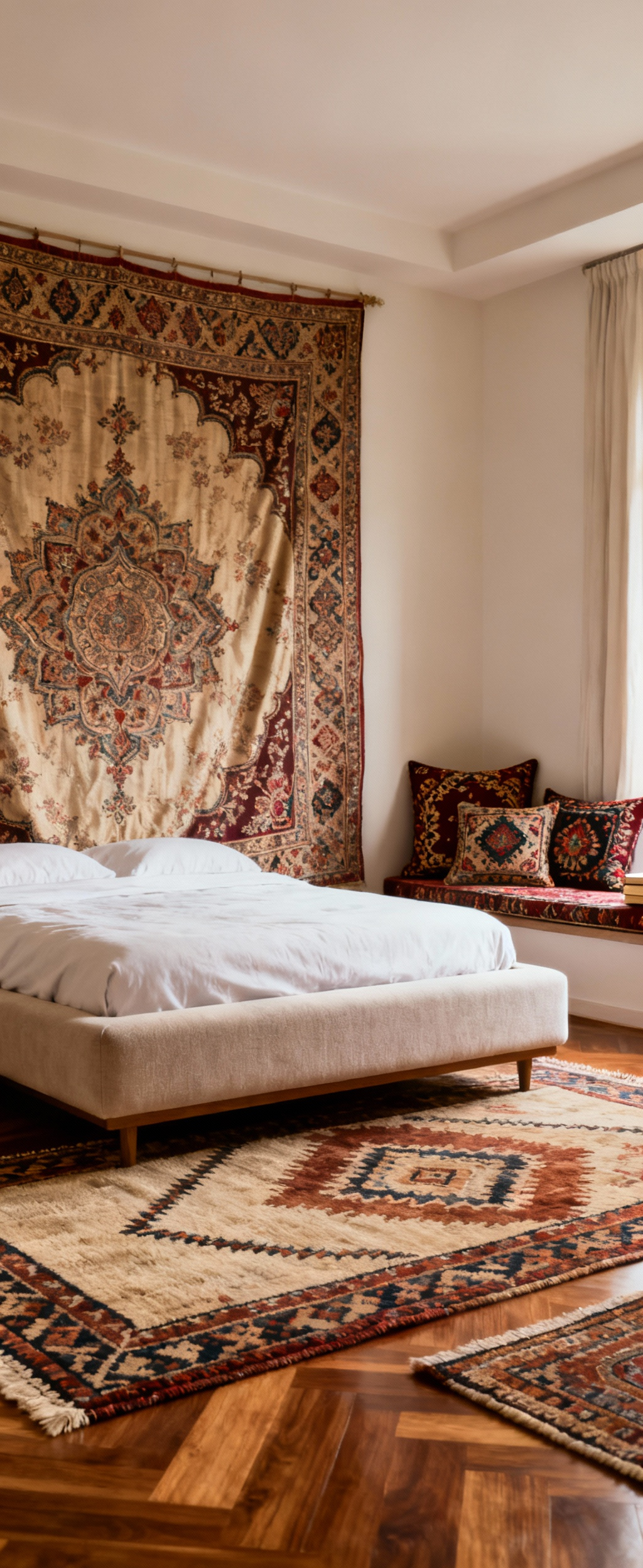 A visually rich and acoustically optimized bedroom featuring Indian brocade silk wall tapestries, layered Gabbeh rugs, and upholstered Indian-inspired cushions, designed for sonic tranquility and cerebral quietude, bathed in soft, natural light.
