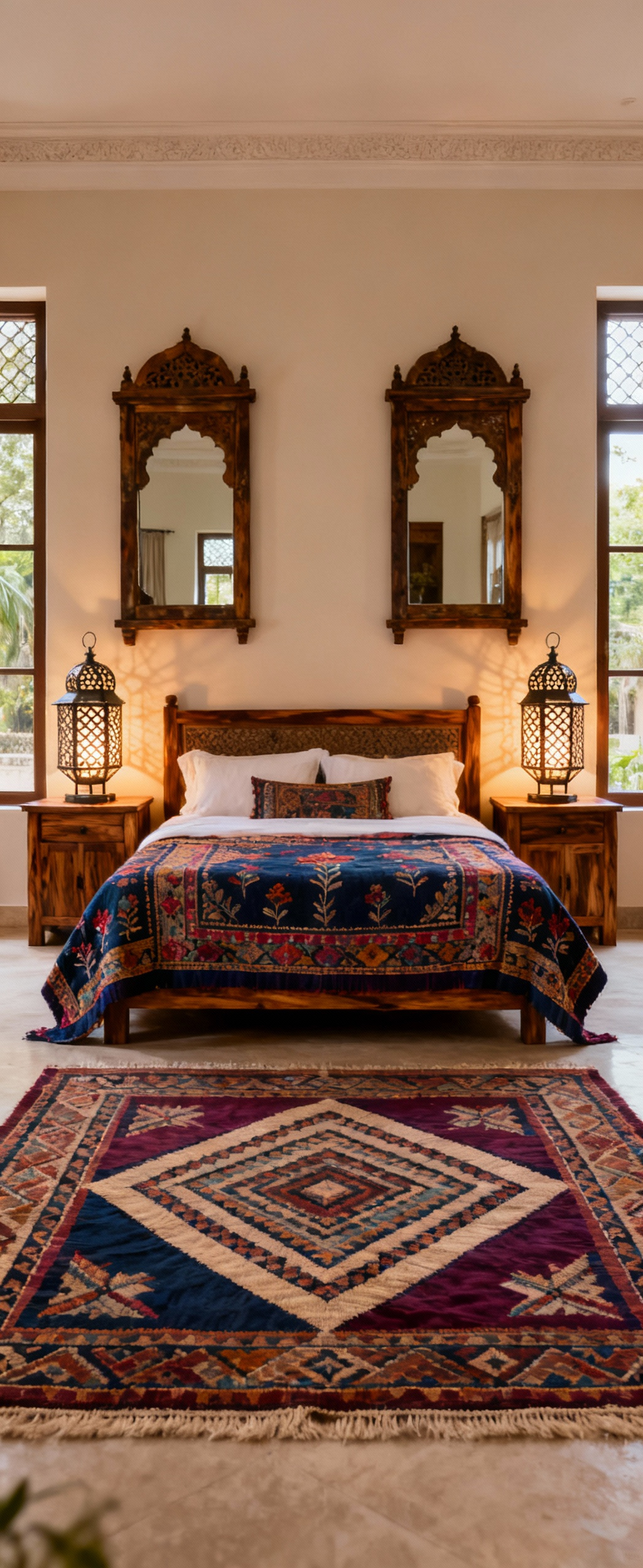 A luxurious master bedroom designed with Moghul Chahar Bagh symmetry, featuring a centrally placed bed, symmetrical Sheesham wood nightstands with jali lanterns, and twin antique jharokha mirrors on the headboard wall, creating visual balance and harmonious flow with rich Indian textiles and artisanal woodcraft under soft natural light.