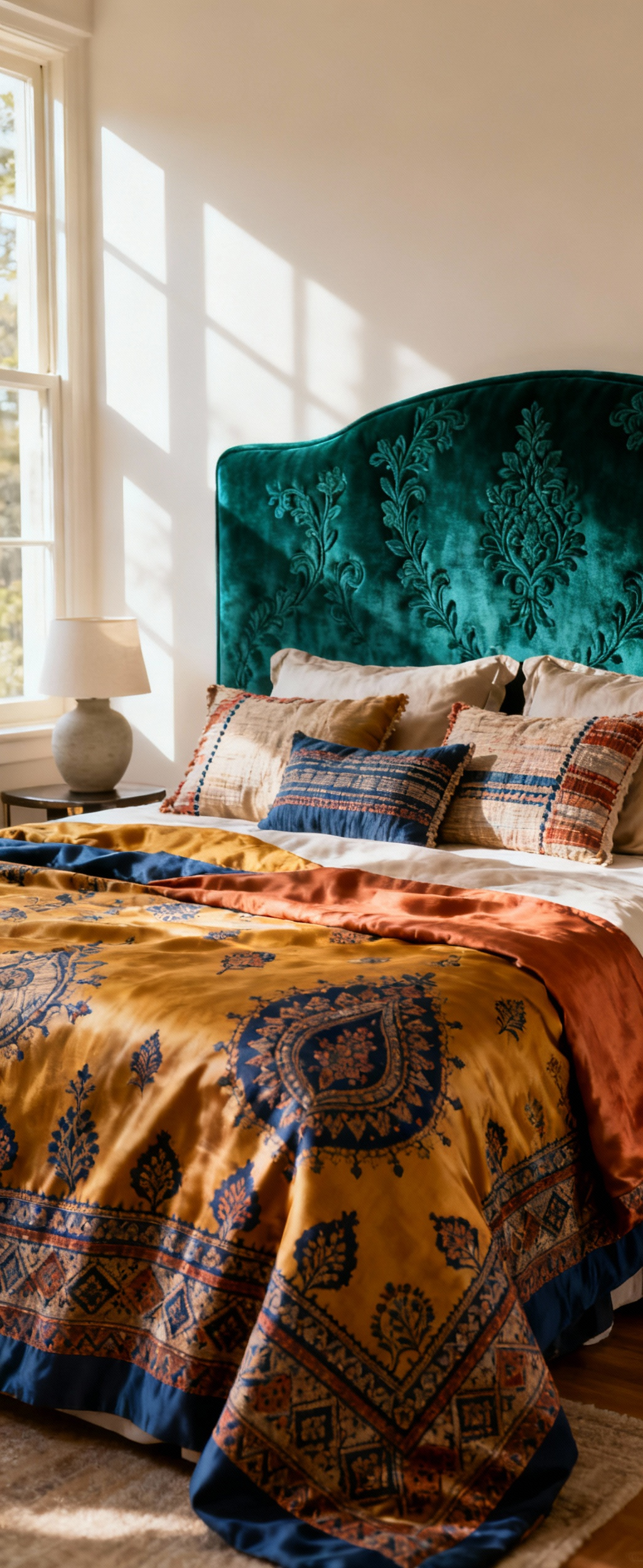 Luxurious bedroom featuring a hand-block printed silk duvet cover with traditional motifs and an emerald embroidered velvet headboard, showcasing bespoke textile artistry.