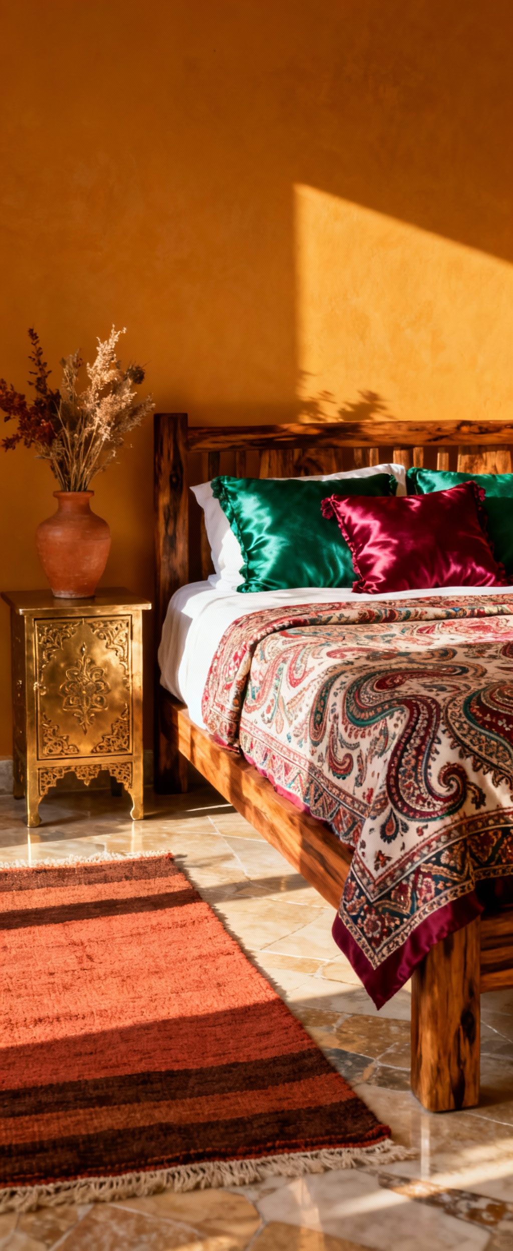 Portrait view of an Indian-inspired bedroom showcasing textural richness, sun-drenched hues, and earthy finishes. Features hand-block printed textiles, natural wood furniture, brass accents, and a warm color palette.
