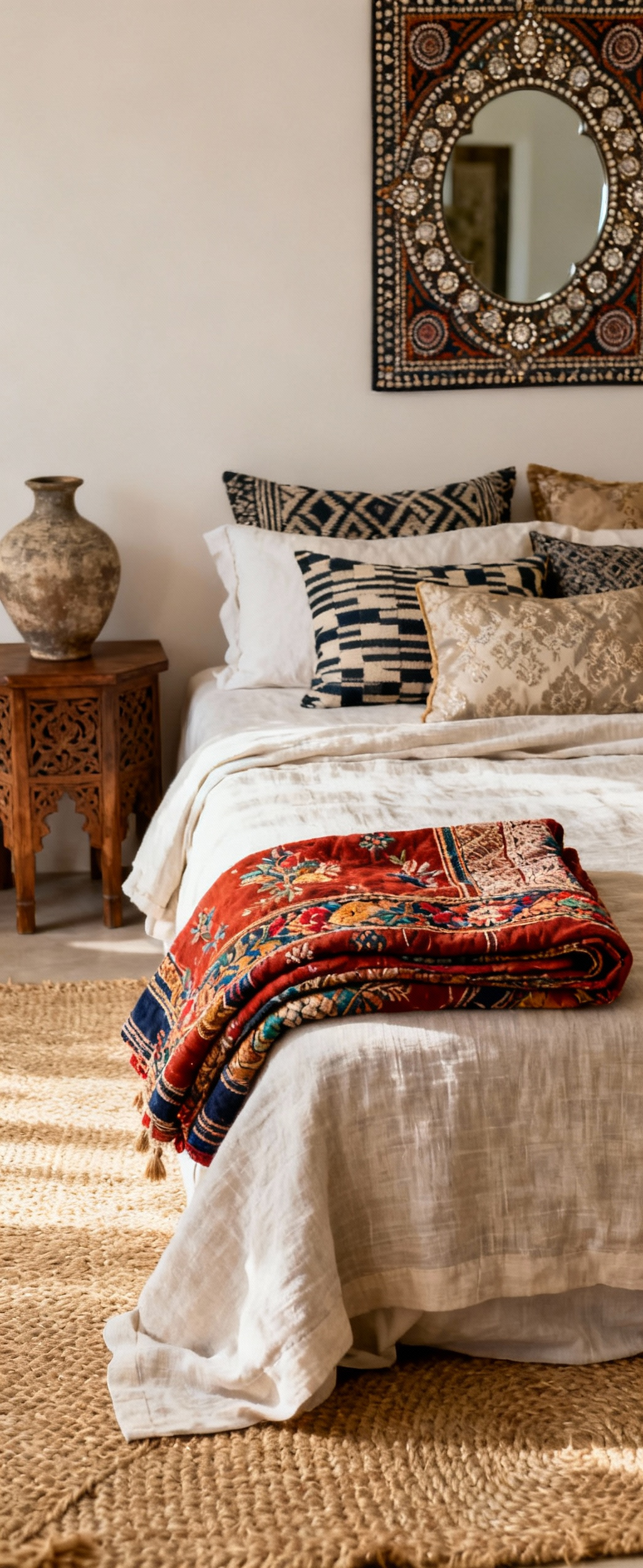 Indo-contemporary bedroom featuring a bed with handloom cotton sheets, Kantha quilt, Block print and Ikat cushions, and a jute rug. A mirror-work wall hanging and carved wood details add tactile richness.