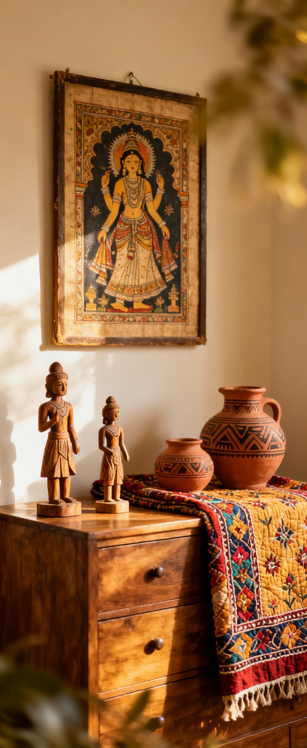 A bedroom corner featuring a wall adorned with an Indian pichwai painting, a dresser displaying hand-carved wooden figurines, terracotta pottery, and an embroidered kantha throw, creating a cultural sanctuary with ethnographic decor.