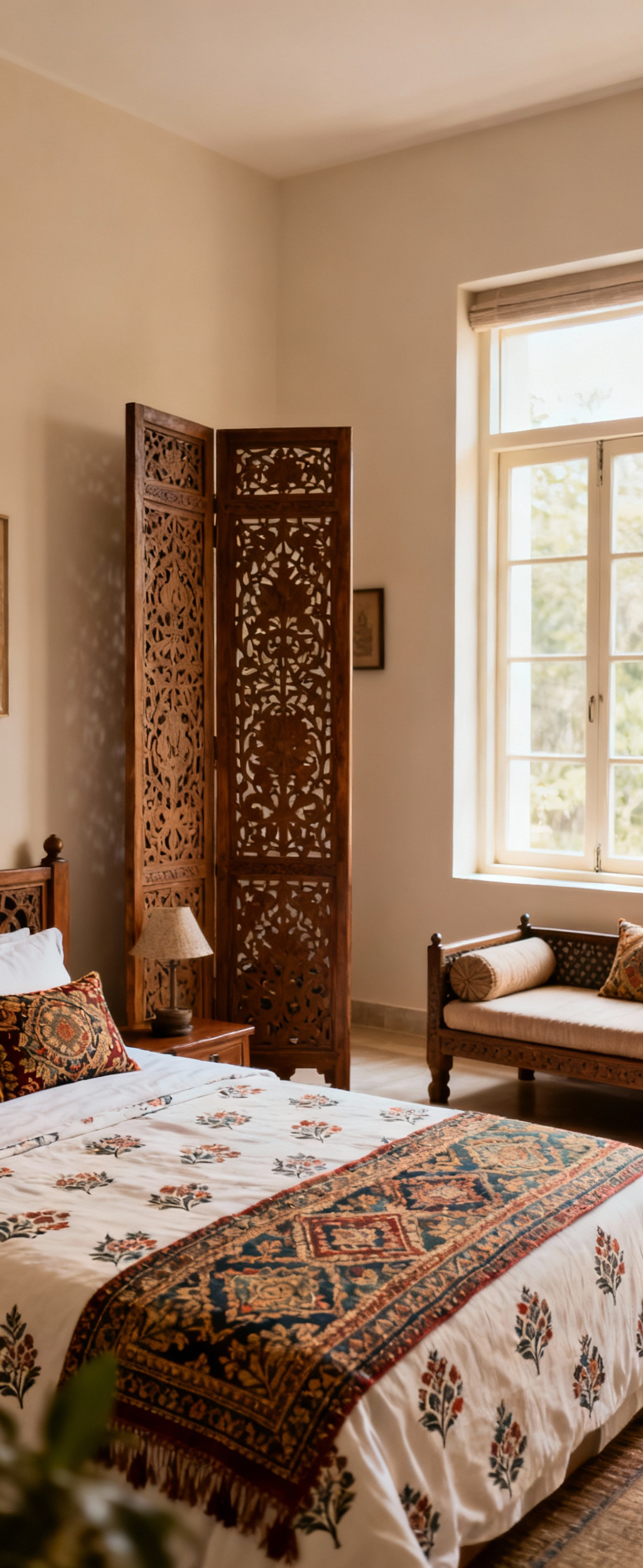 A beautifully arranged bedroom incorporating Vastu Shastra and Feng Shui, featuring authentic Indian textiles, a carved wooden screen, and a tranquil color palette, no people.