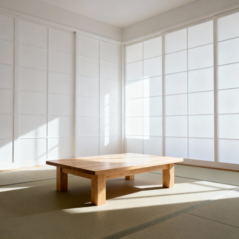 Minimalist living room designed with Ma principle, featuring a hinoki cypress table, tatami mats, and uncluttered shoji screens, emphasizing serene negative space and natural light.
