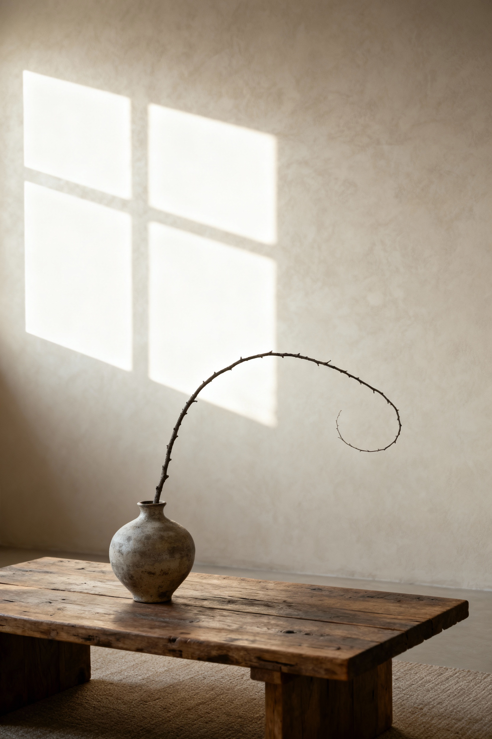 A minimalist living room vignette demonstrating Fukinsei asymmetrical balance, featuring a single natural branch in a ceramic vase on a reclaimed wood table, surrounded by thoughtful negative space under soft natural light.