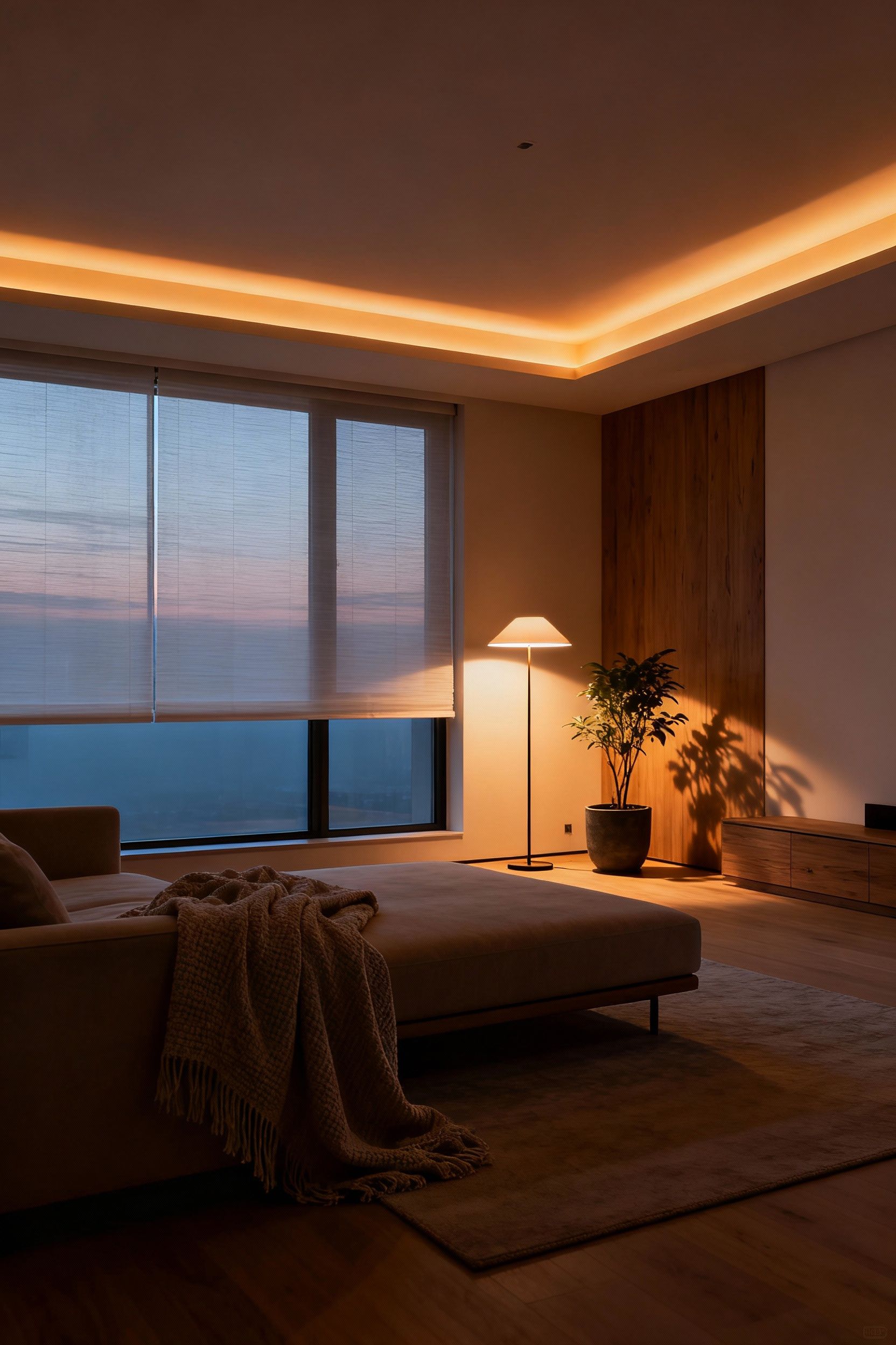 Serene living room with warm, circadian-aligned lighting at dusk, showing diffused natural light from large windows and gentle artificial ambient and accent lighting, enhancing rhythmic well-being.