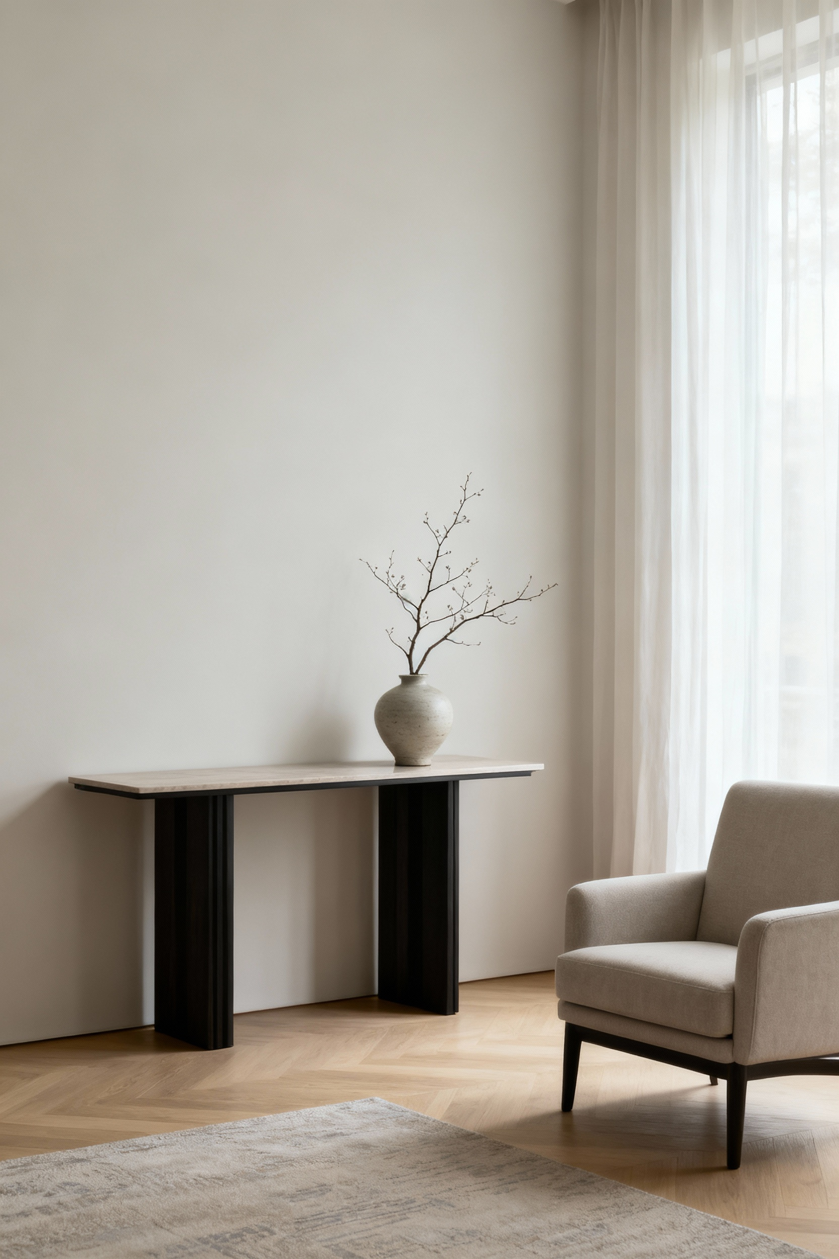 A minimalist living room vignette demonstrating an intuitive decluttering system with clean lines, natural light, and intentional empty space, fostering sustained clarity.