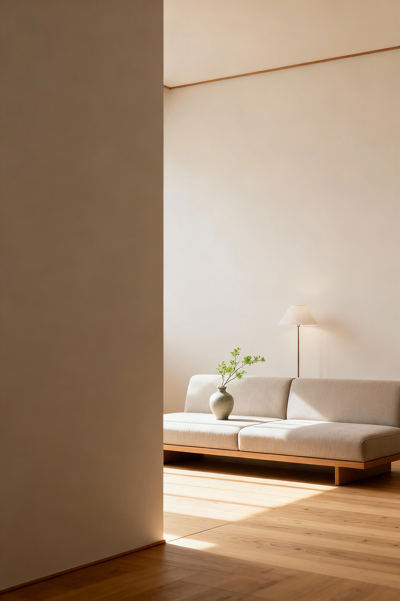 A perfectly organized and minimalist living room in a Japanese style, showcasing the peace achieved through mindful tidying. Light wood, neutral textiles, and selective decor create a calm, uncluttered atmosphere.
