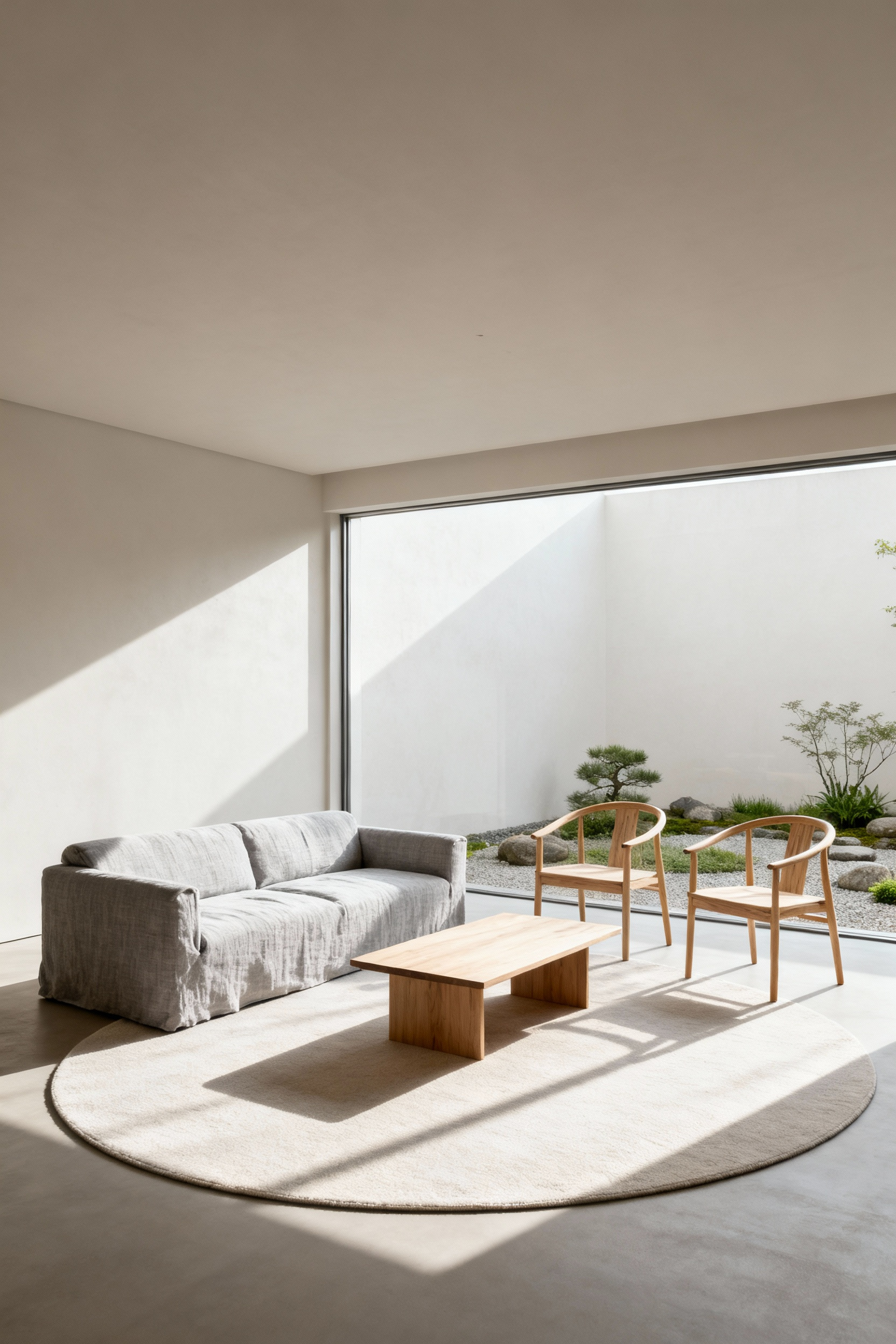 A minimalist living room with strategic furniture groupings creating a defined conversational zone, featuring a low sofa, armchairs, and a window view, embodying calm and simplicity.