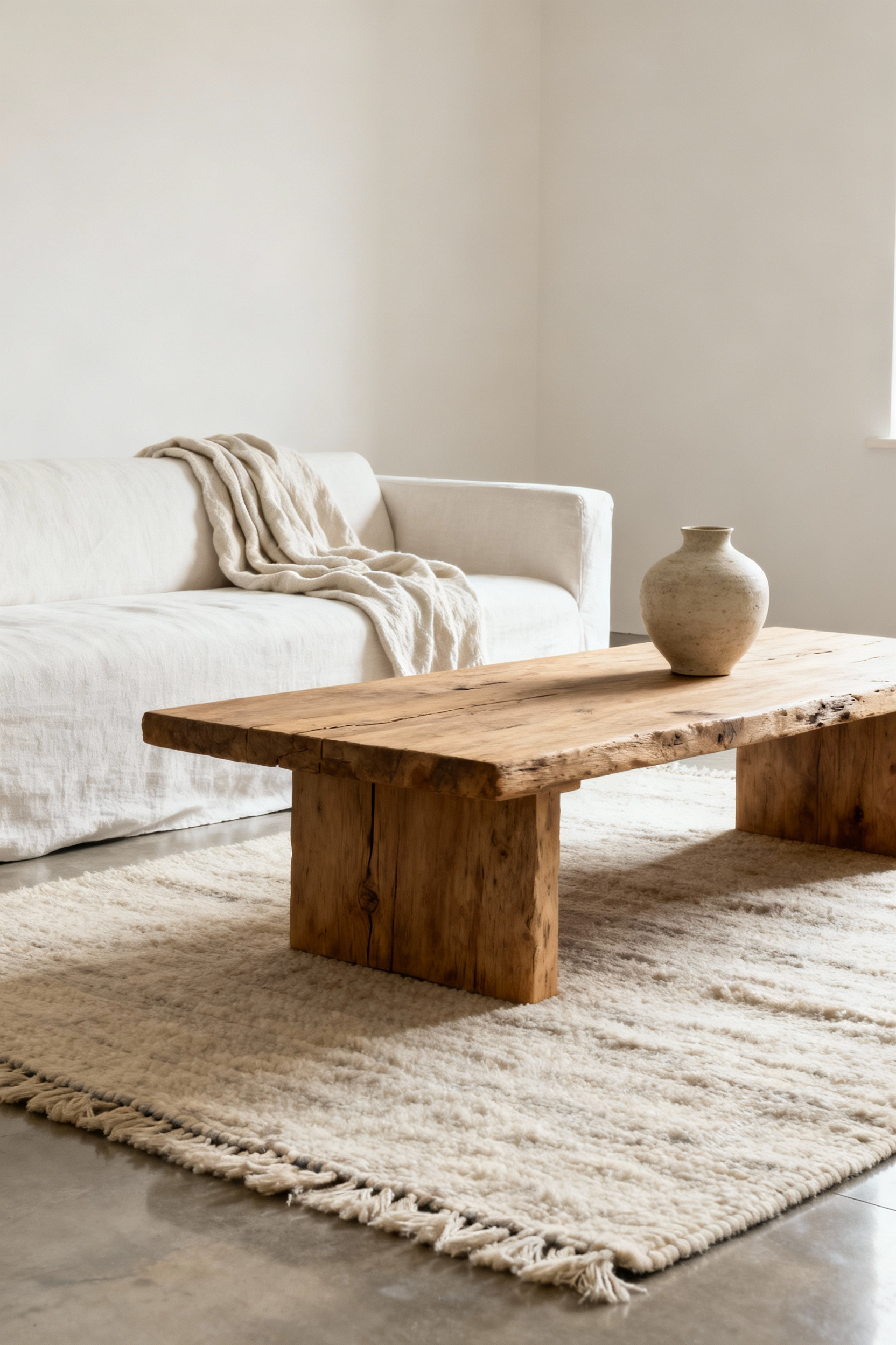 Minimalist living room with curated natural textural layers including linen sofa, wool rug, and raw wood table under soft natural light, creating subtle depth.
