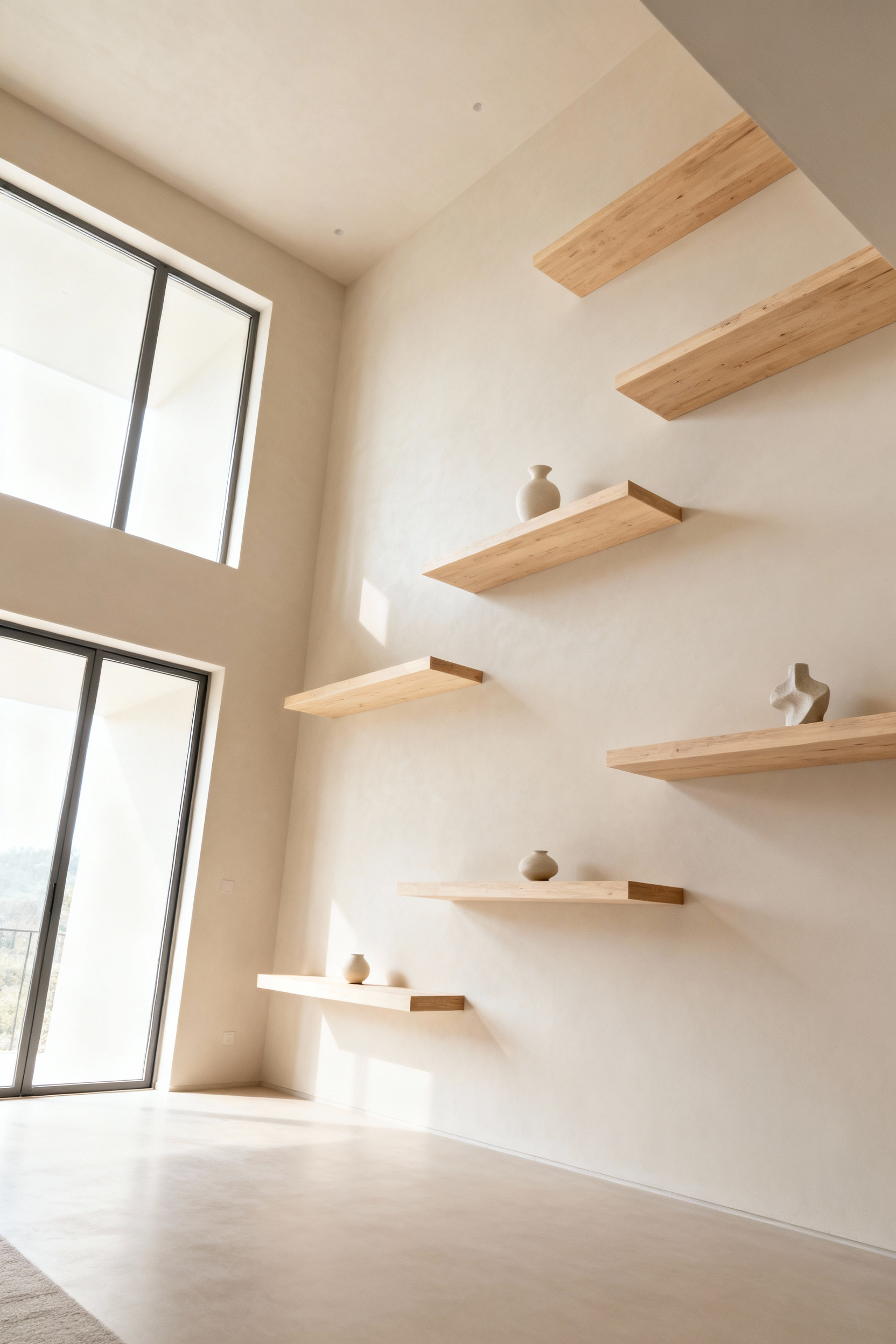 A minimalist living room with elegant light wood floating shelves extending high on a pristine white wall, featuring carefully curated, sparsely placed decorative objects and soft integrated LED lighting emphasizing verticality, creating an expansive and serene atmosphere without visible people or text.