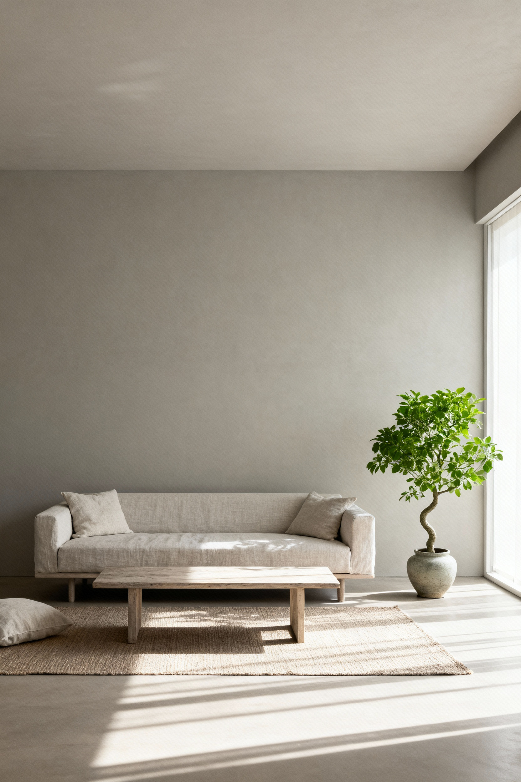 A bright, uncluttered Kanso living room showcasing functional purity with a muted color palette, natural wood, linen sofa, and a single green plant as a focal point. Abundant natural light highlights the minimalist design.