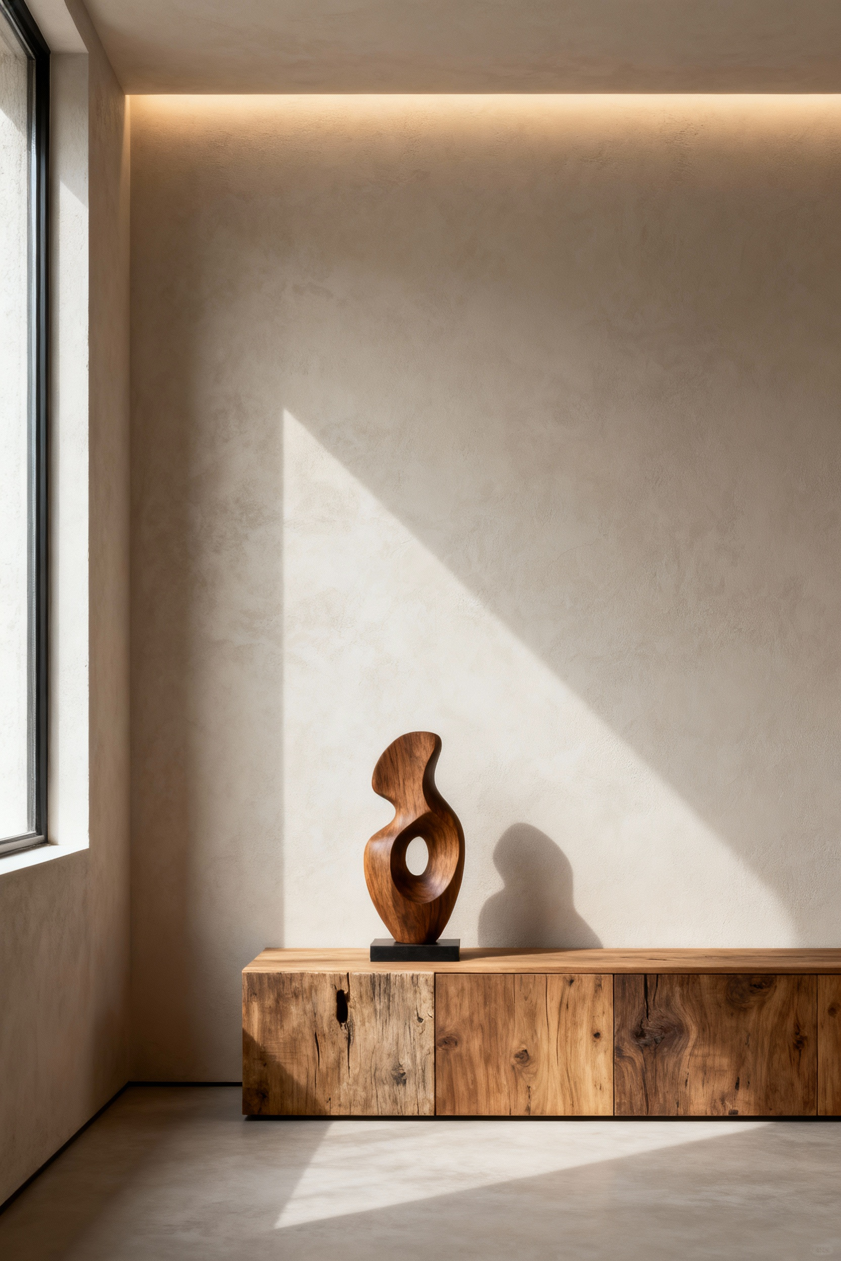 Minimalist living room with a single abstract wooden sculpture as a serene focal point, surrounded by intentional negative space, bathed in soft natural light, creating a tranquil environment without visual distraction.