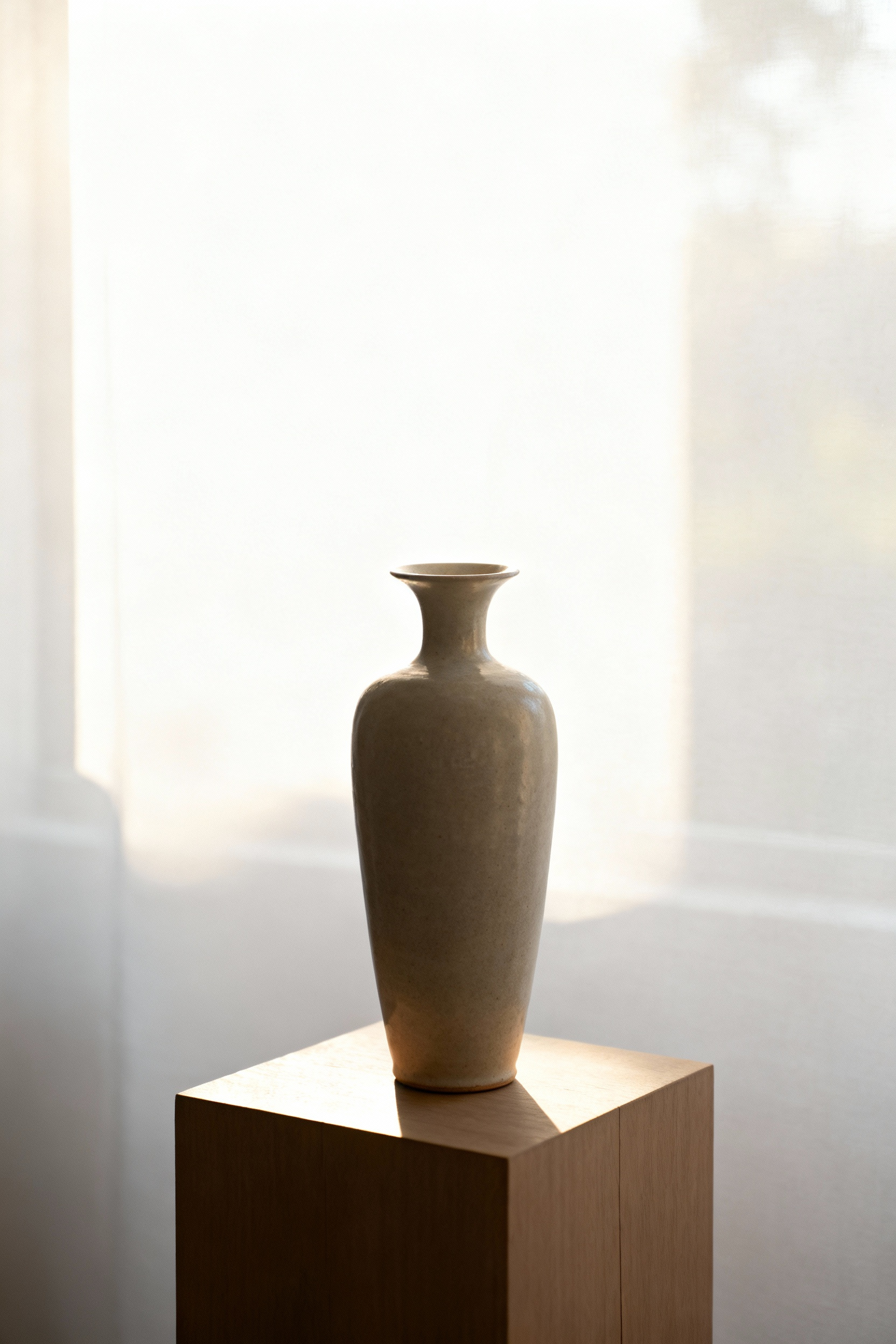 A minimalist living room with abundant negative space. A single, elegantly curated ceramic vase sits on a simple wooden side table, bathed in soft morning light, surrounded by white walls and a light-colored rug, evoking a sense of calm and intentional artifact rotation.