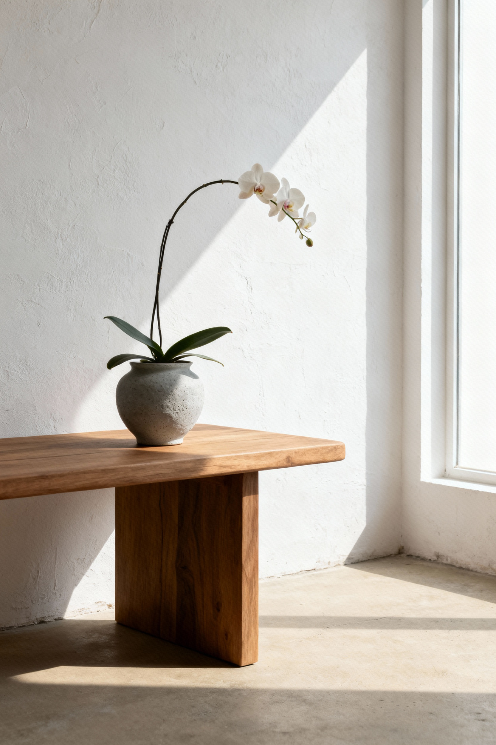 An elegant arcing orchid in an unglazed ceramic pot on a wooden table, beautifully placed within a minimalist living room, showcasing natural light and serene negative space.